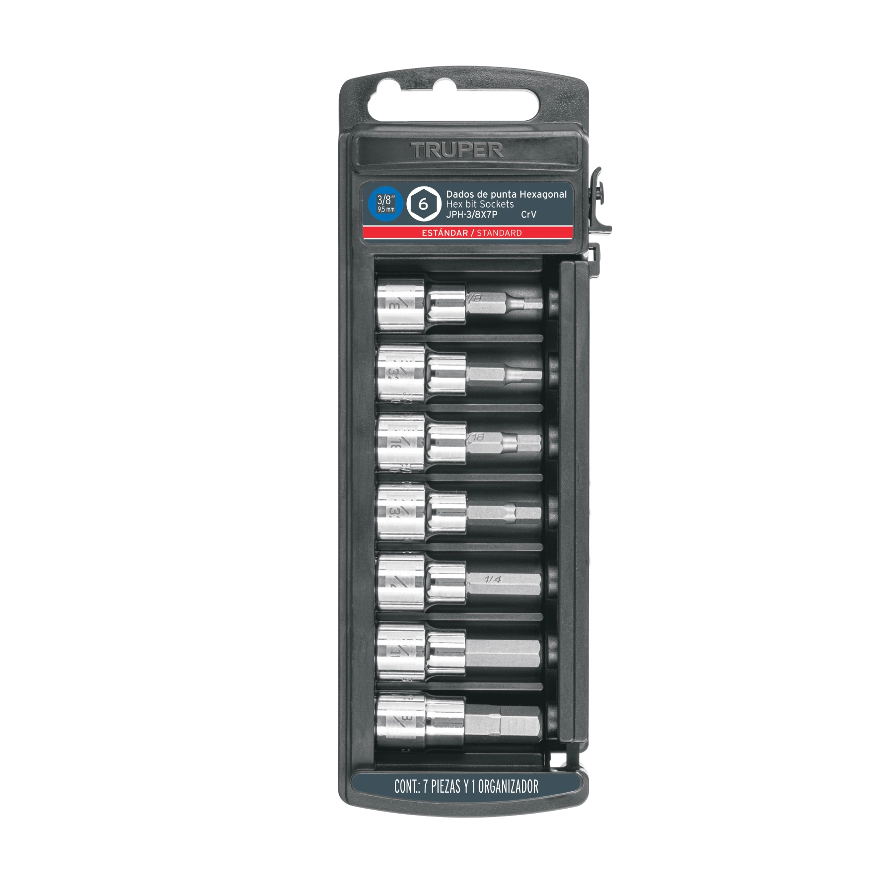 Juego de 7 dados punta hexagonal std, cuadro 3/8', TRUPER