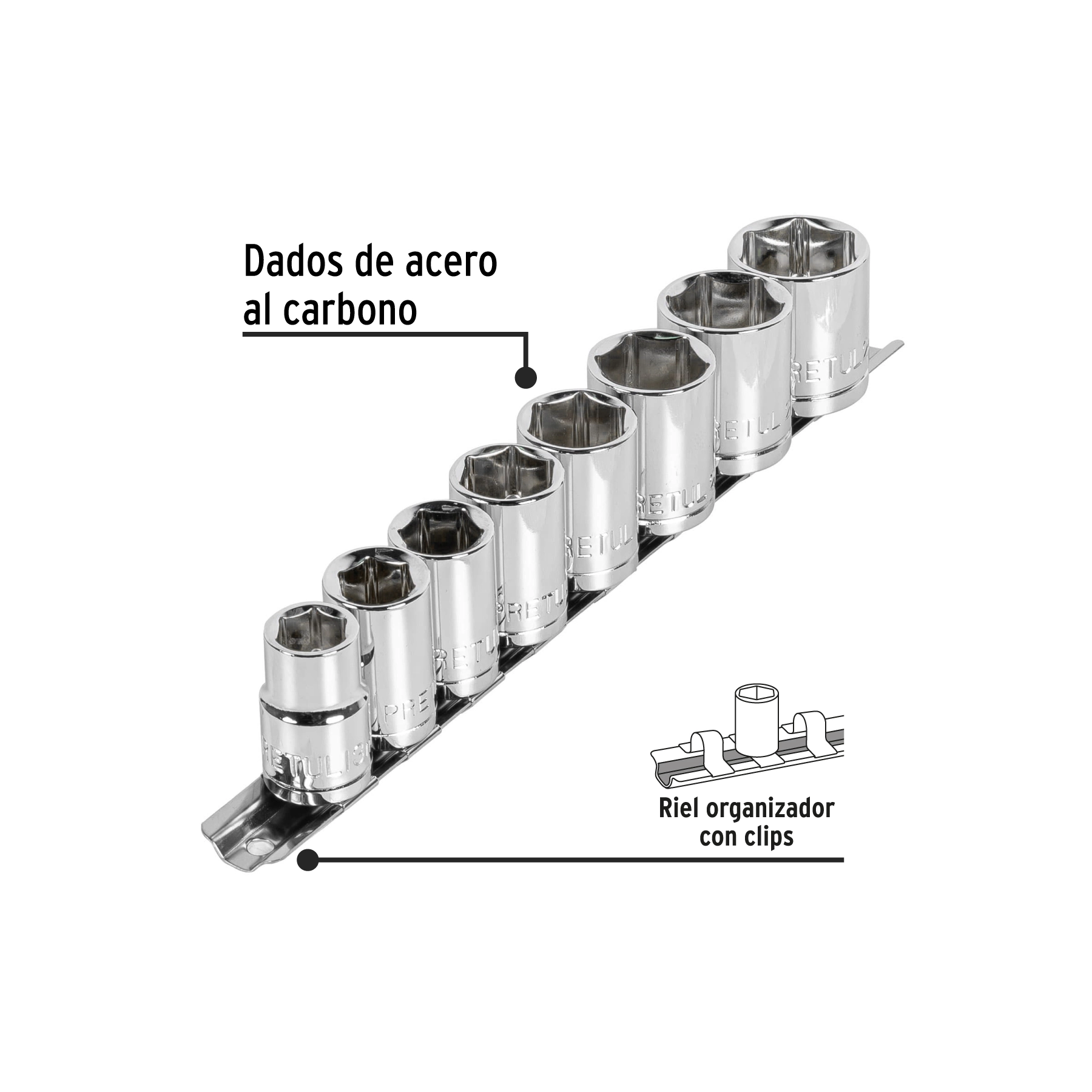 Juego de 8 dados cuadro 1/2' mm, PRETUL