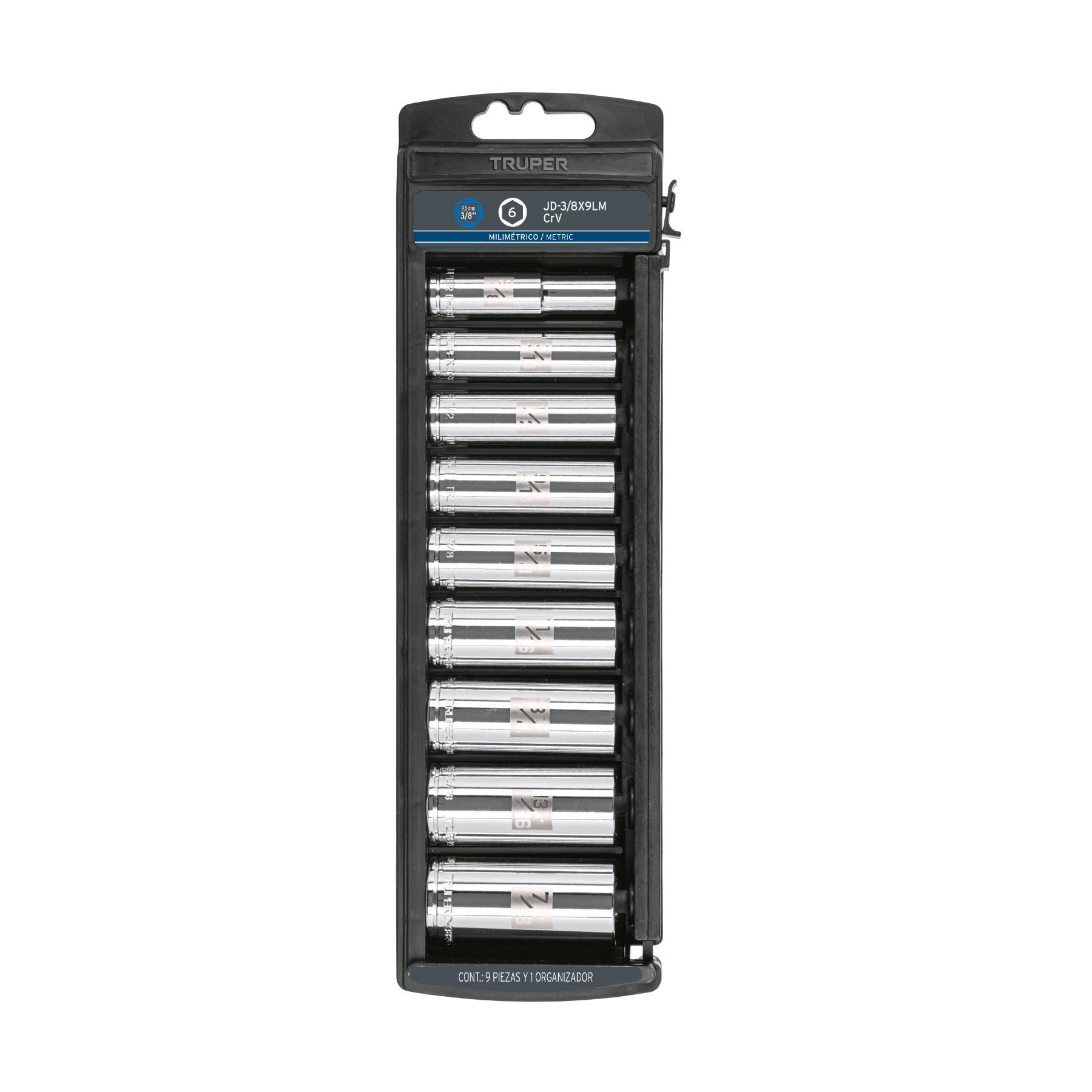 Juego de 9 dados largos cuadro 3/8' mm, TRUPER