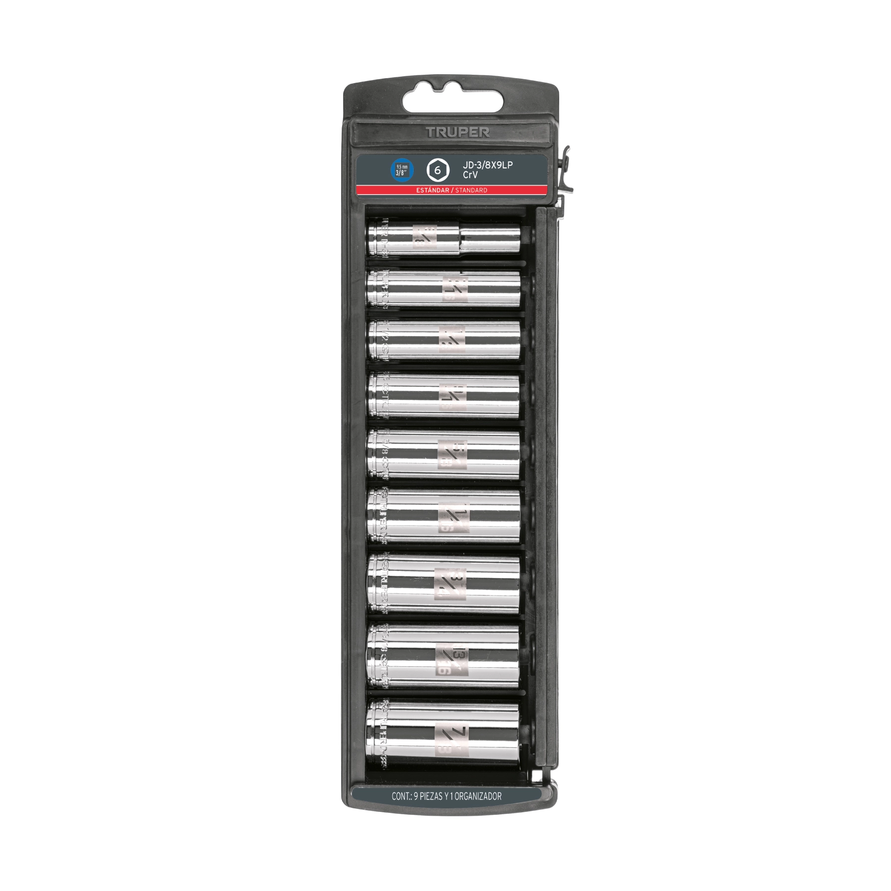 Juego de 9 dados largos cuadro 3/8' std, TRUPER