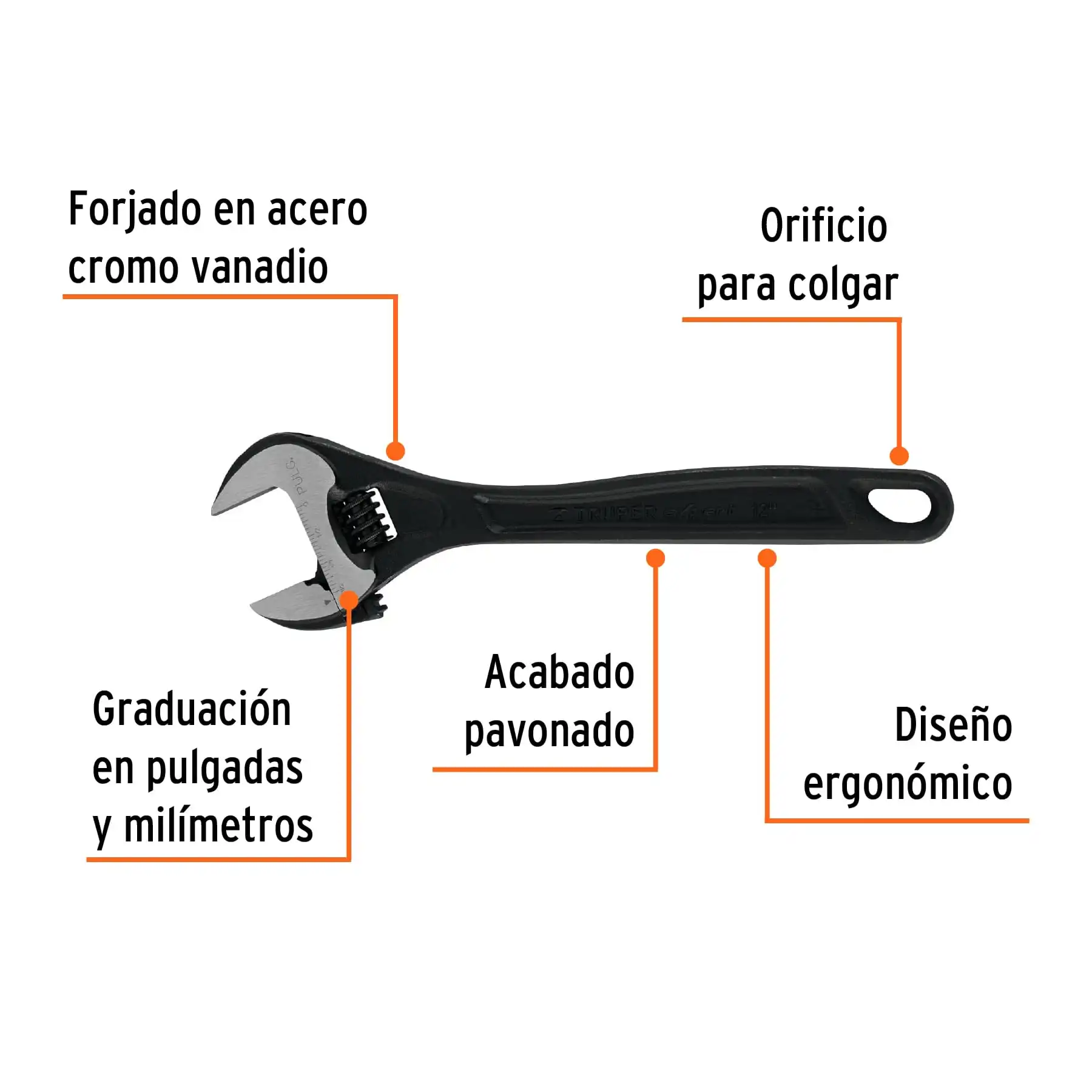 Llave ajustable (perico) 12' profesional pavonada, EXPERT