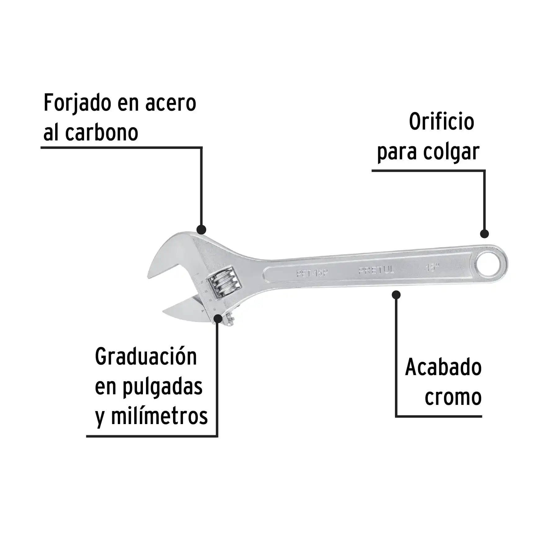 Llave ajustable (perico) 15' cromada, PRETUL