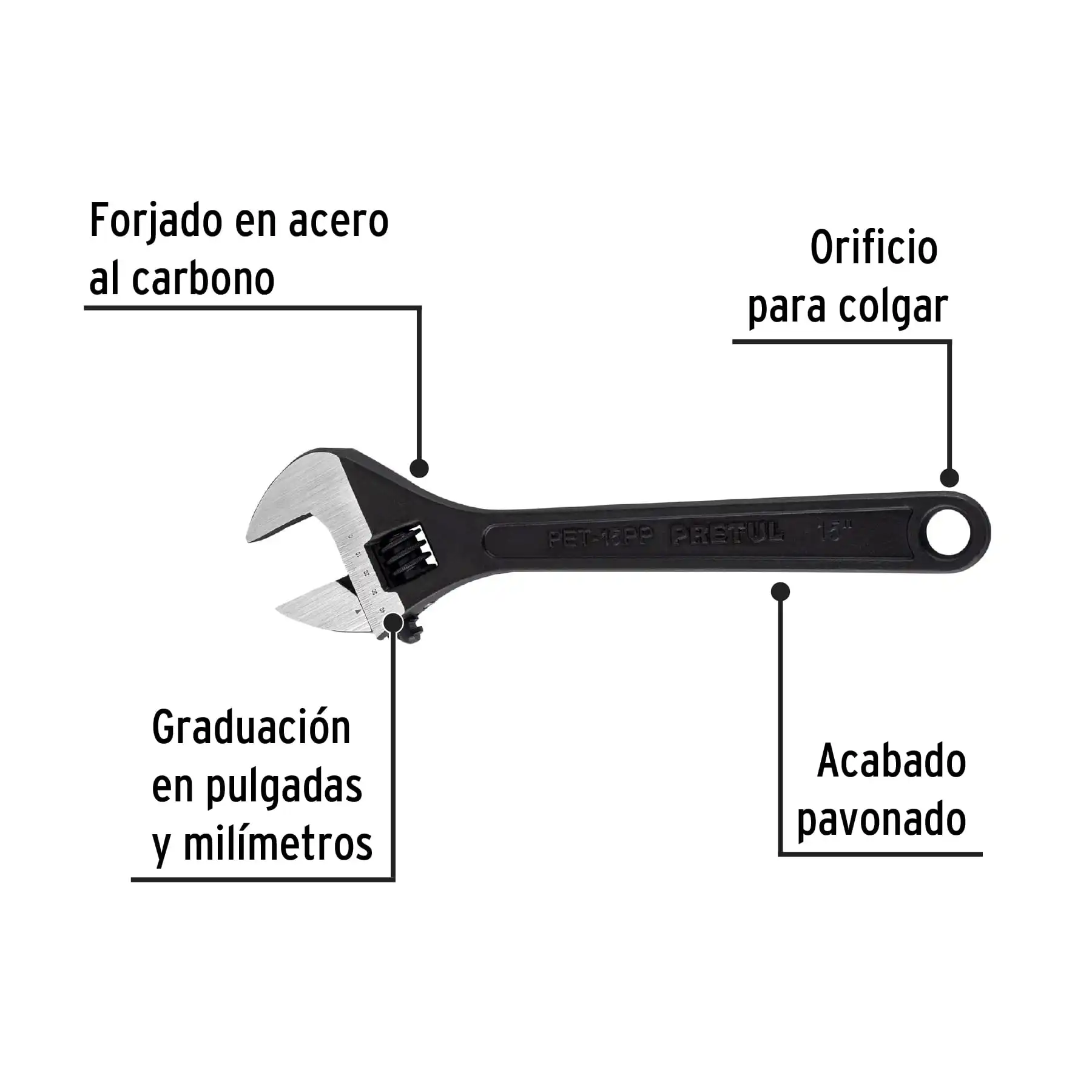 Llave ajustable (perico) 15' pavonada, PRETUL