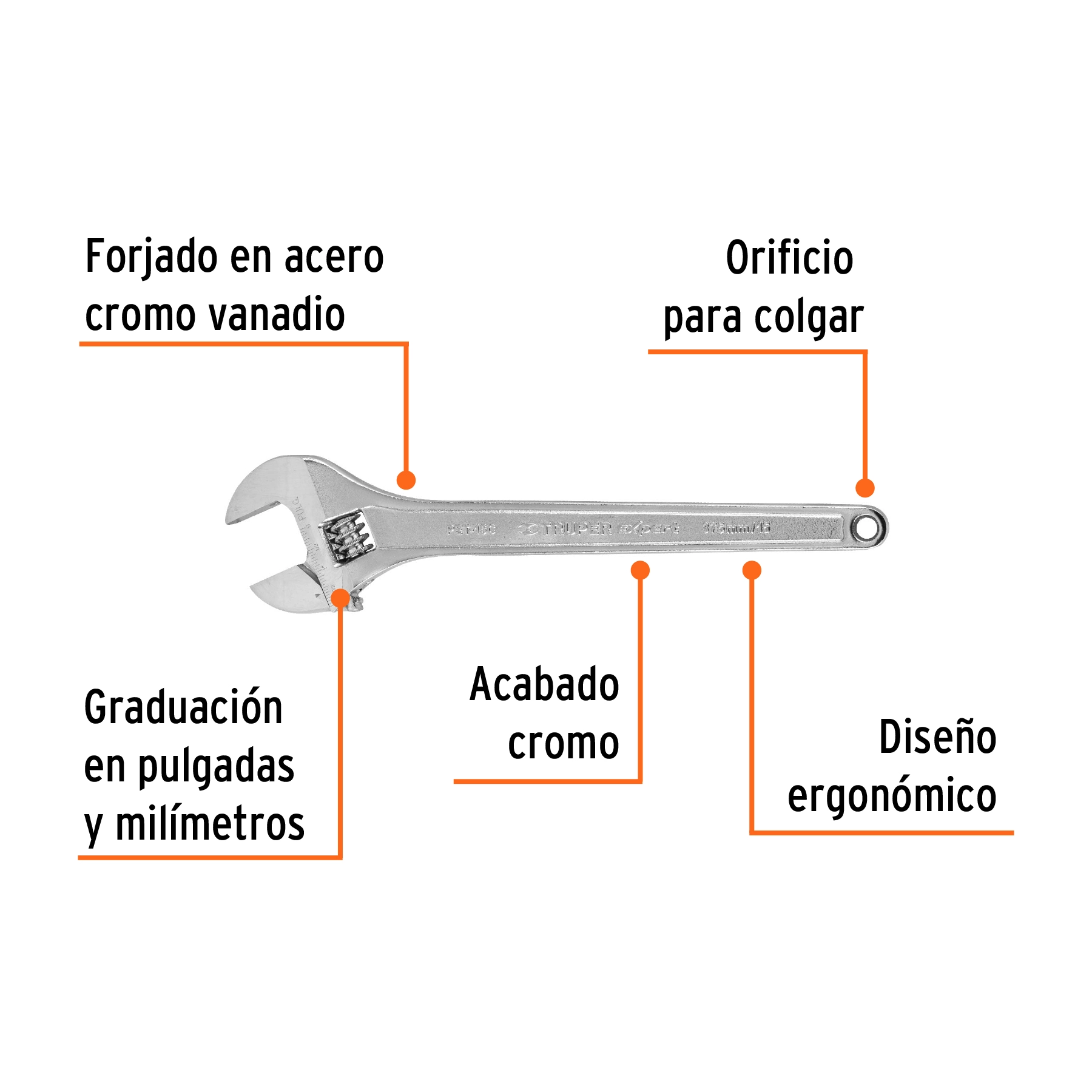 Llave ajustable (perico) 15' profesional cromada, EXPERT