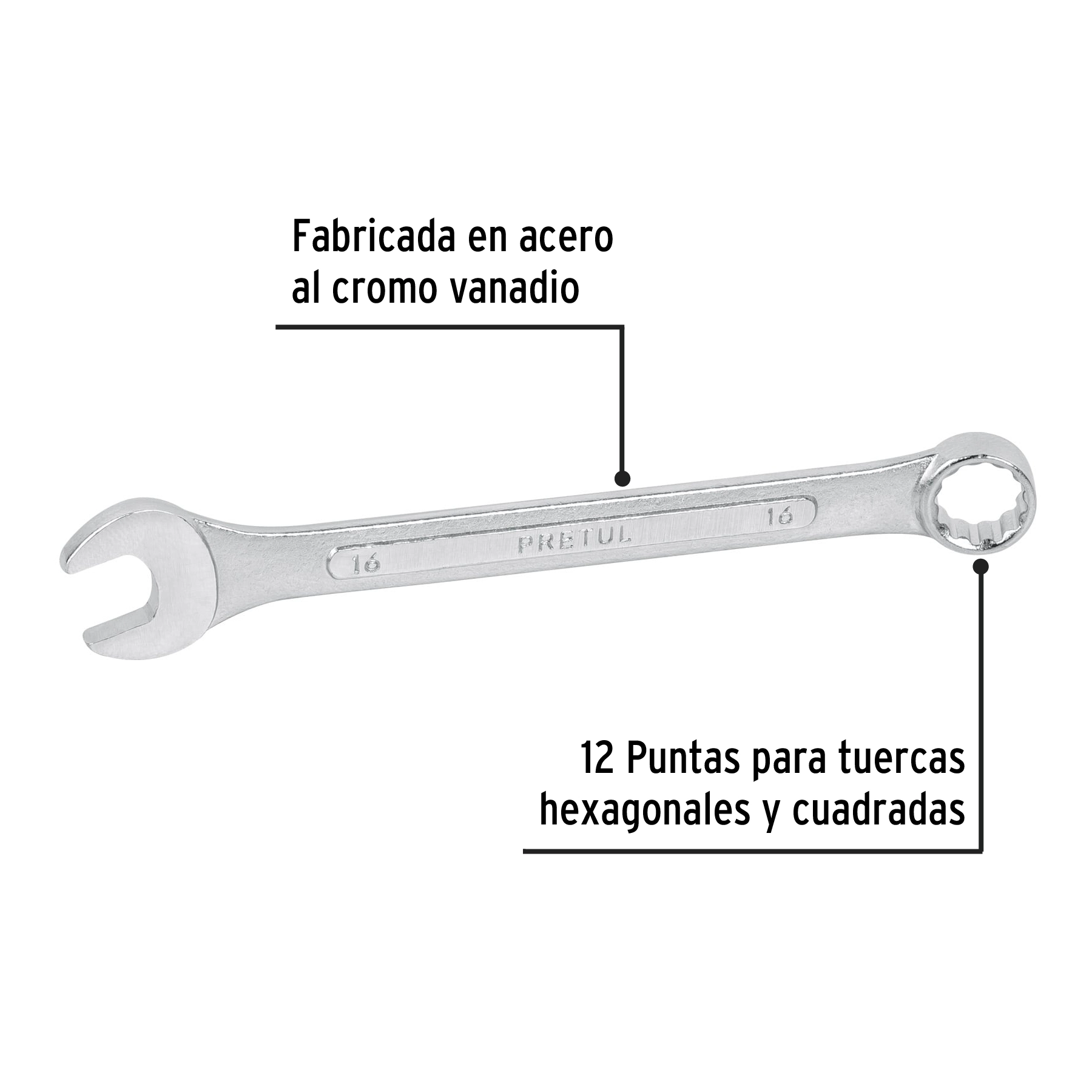 Llave combinada 16 mm x 200 mm de largo, PRETUL