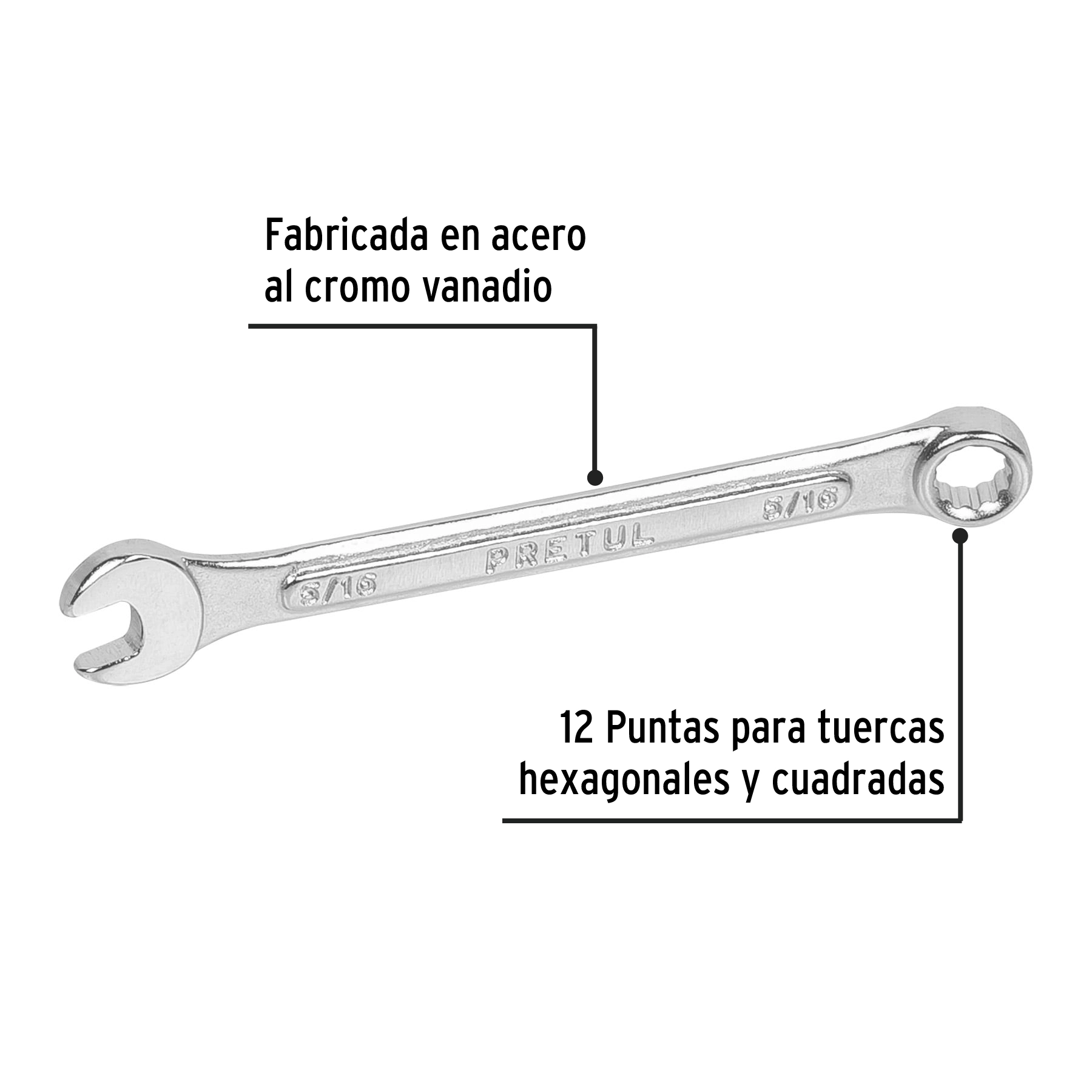 Llave combinada 5/16' x 120 mm de largo, PRETUL