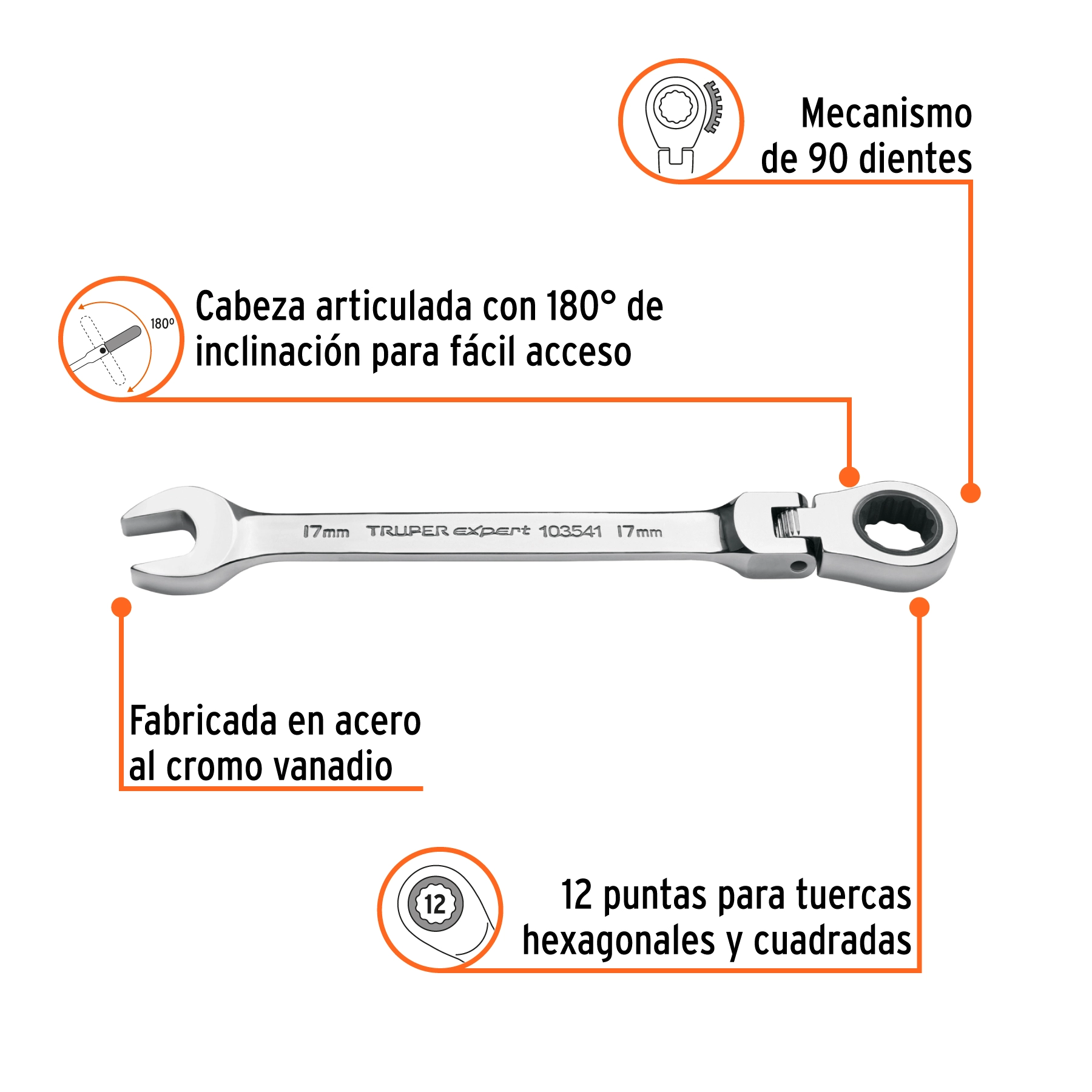 Llave combinada con matraca 17 mm flexible, EXPERT