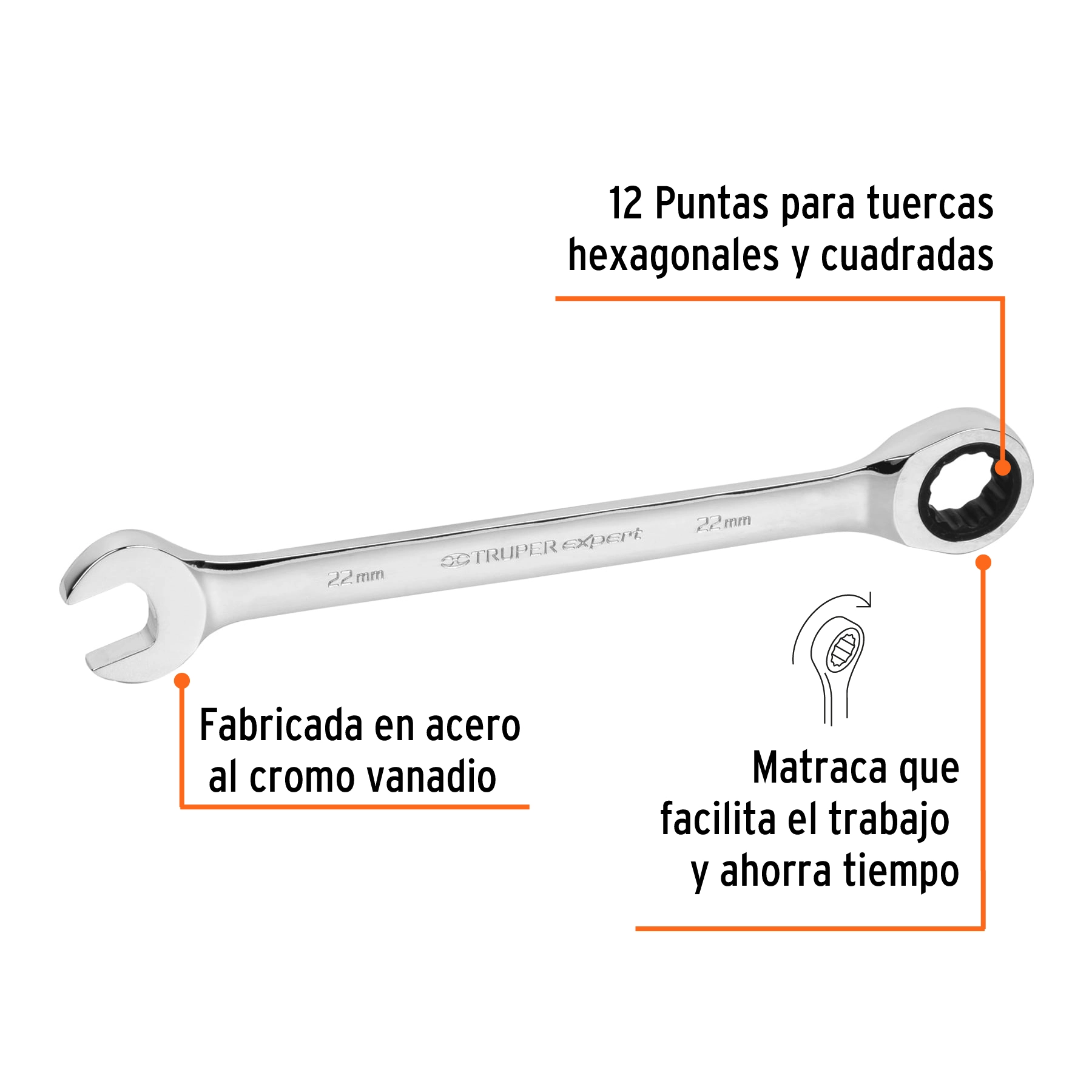 Llave combinada con matraca 22 mm x 279 mm largo, EXPERT