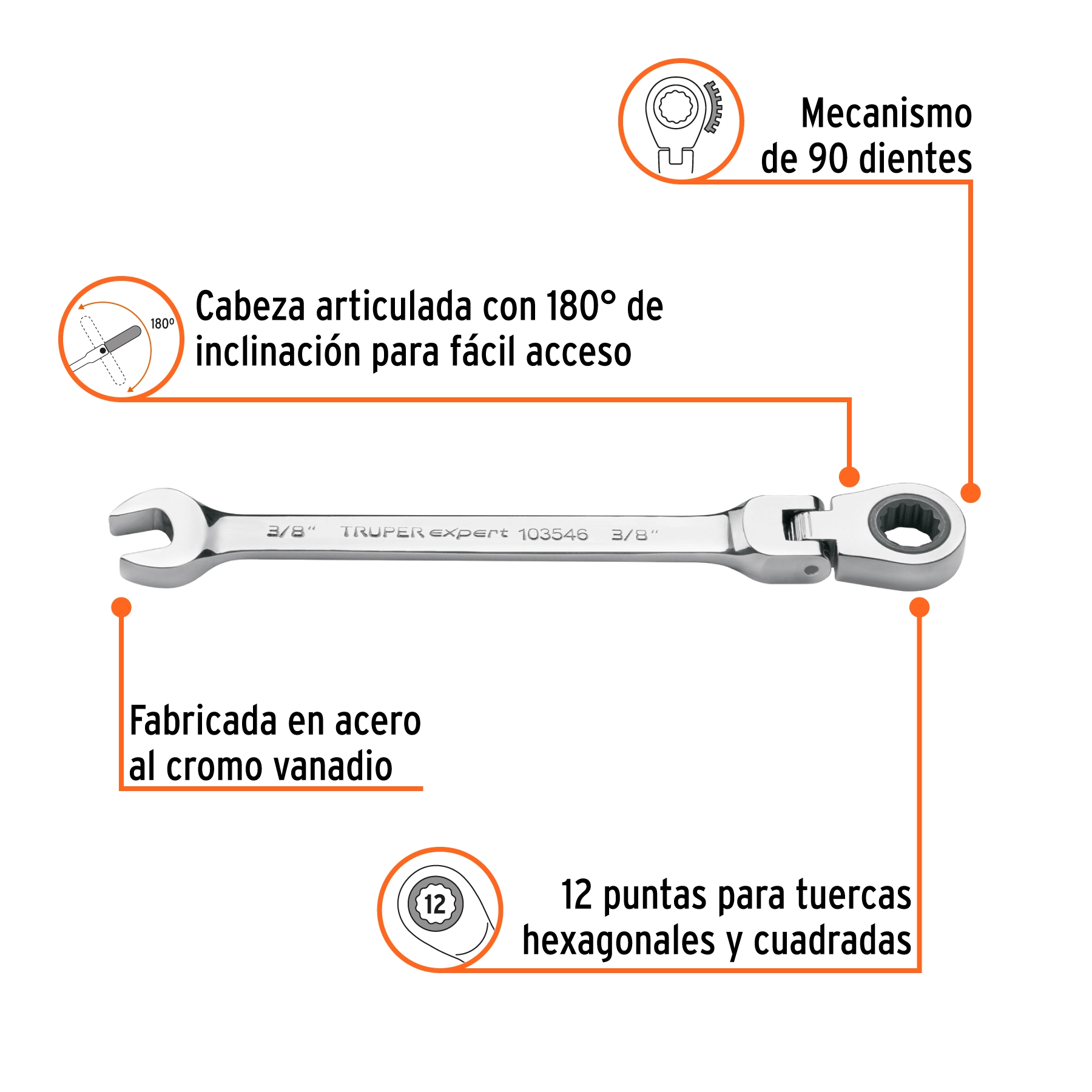 Llave combinada con matraca 3/8' flexible, EXPERT