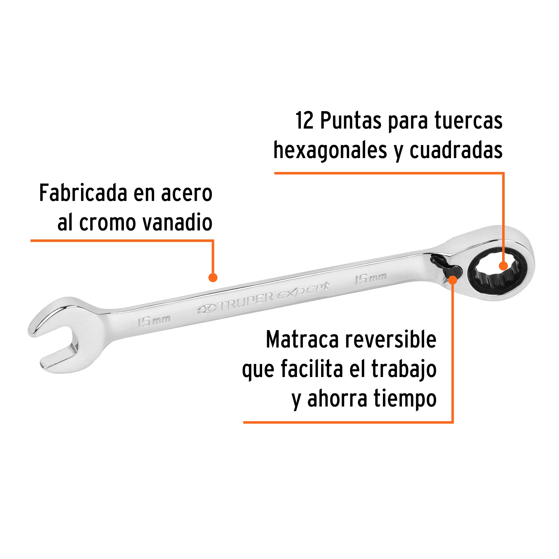 Llave combinada matraca reversible 15mmx198 mm largo, EXPERT