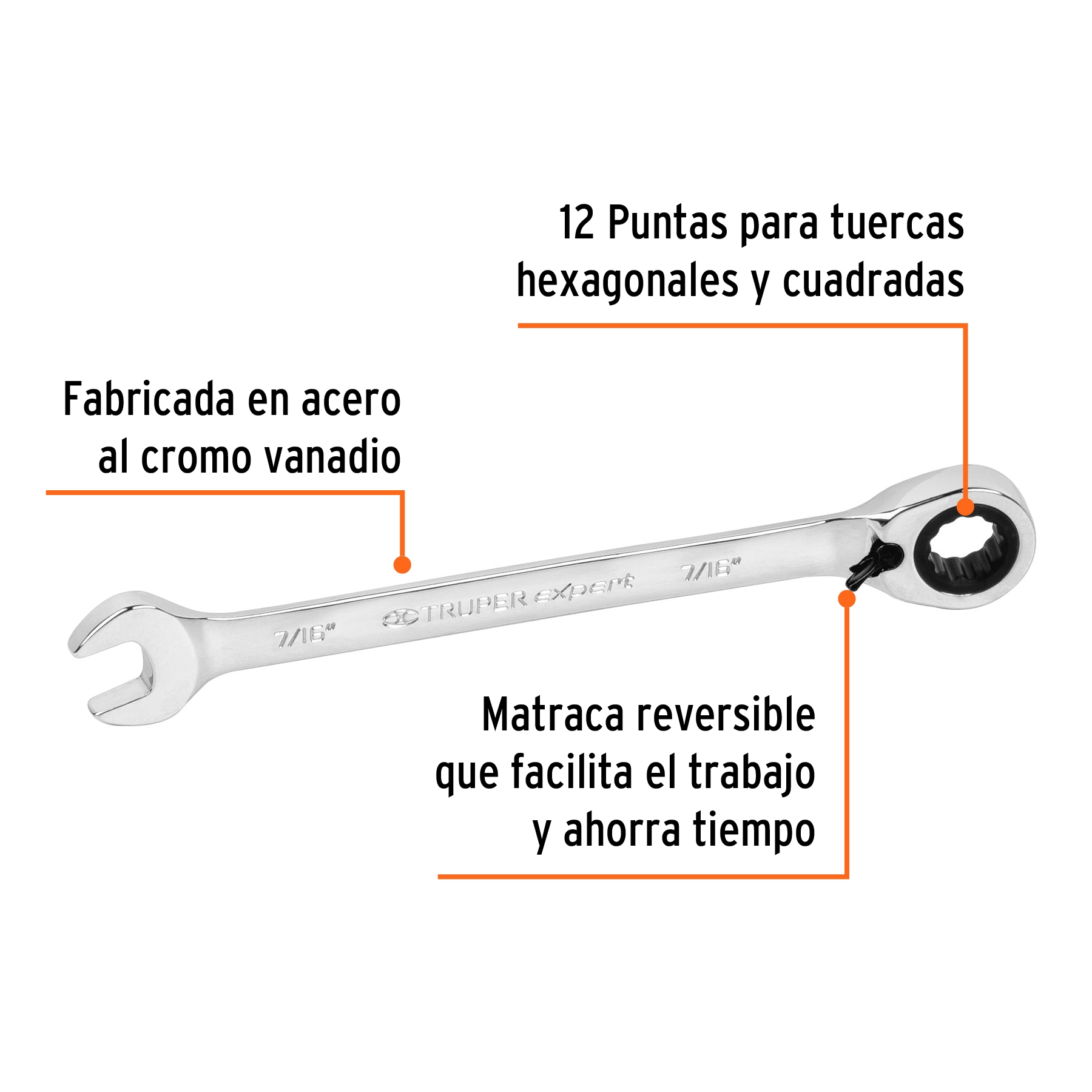 Llave combinada matraca reversible 7/16'x163 mm largo,EXPERT