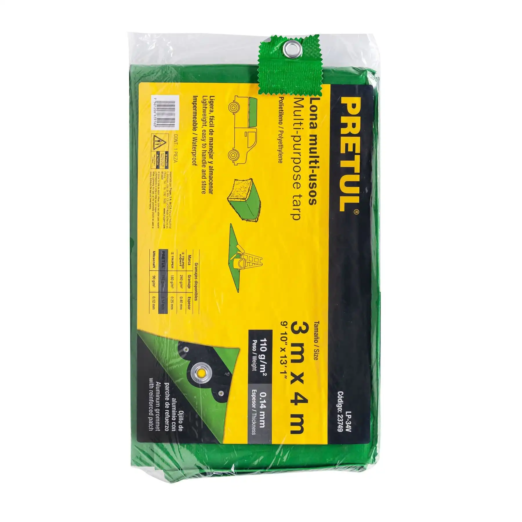 Lona de polietileno 3 x 4 m, verde, 110 g/m2, PRETUL