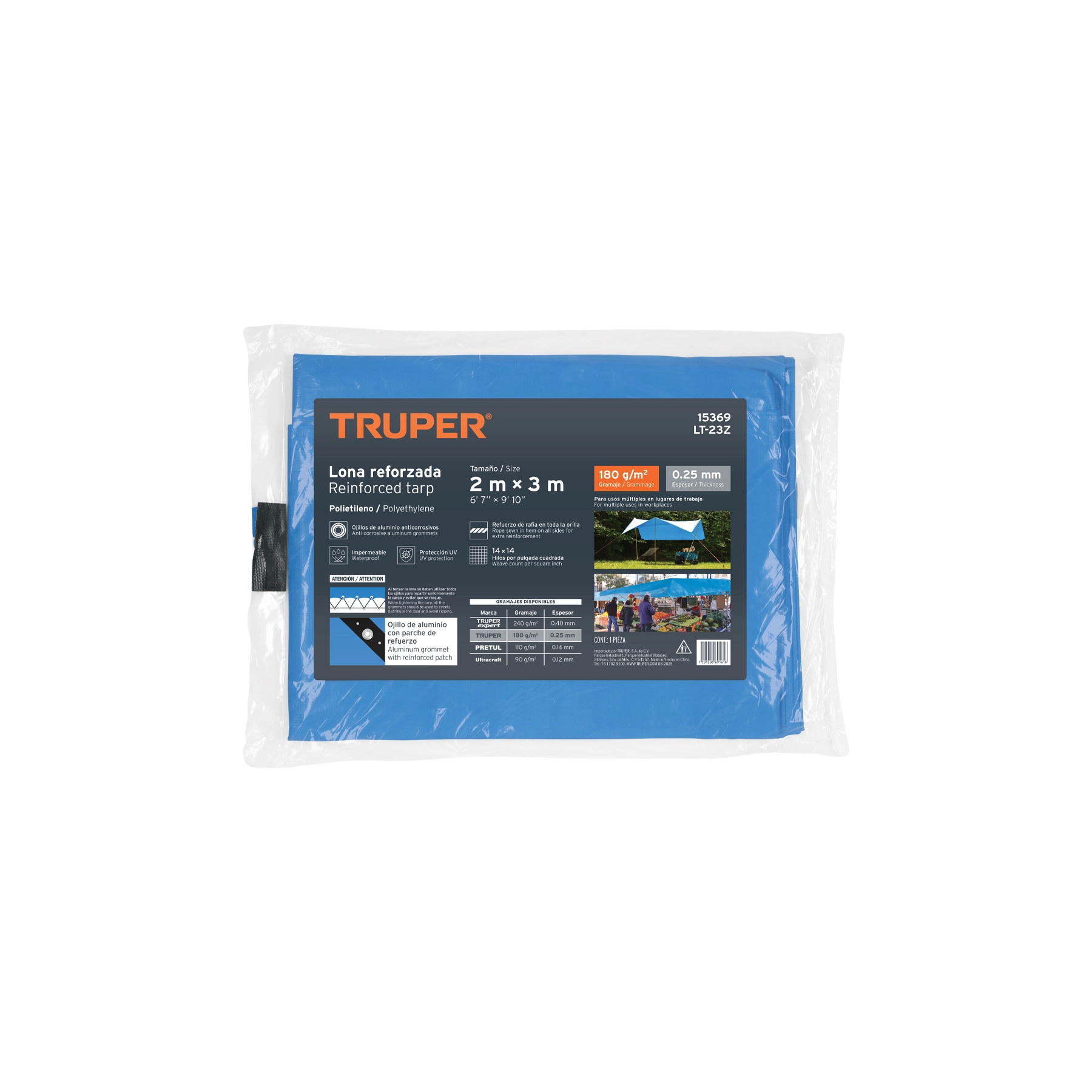 Lona de polietileno reforzada 2x3 m, azul, 180g/m2, TRUPER