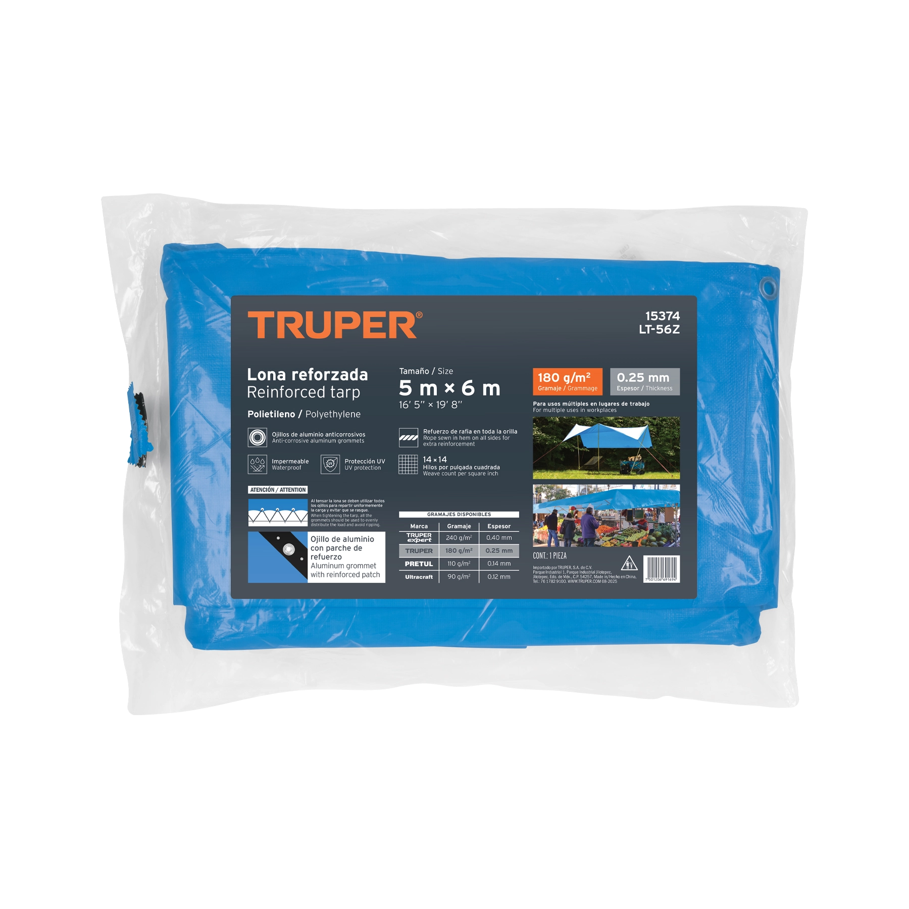 Lona de polietileno reforzada 5 x 6 m, azul, 180g/m2, TRUPER