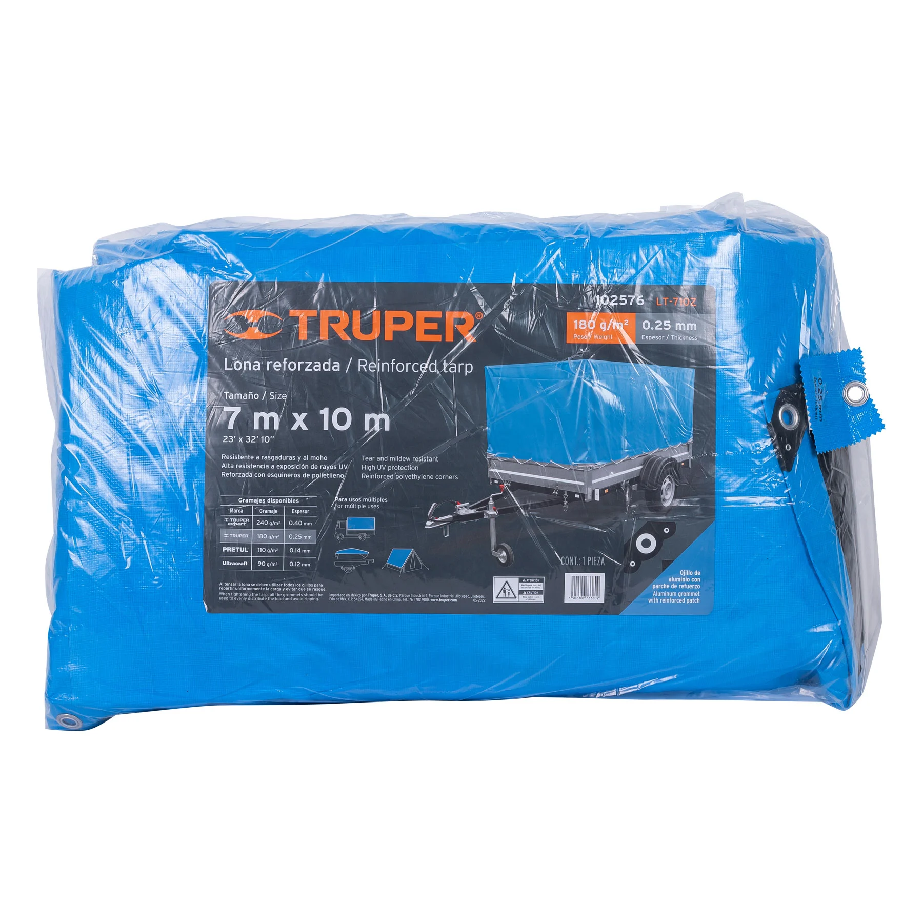 Lona de polietileno reforzada 7x10 m, azul, 180g/m2, TRUPER
