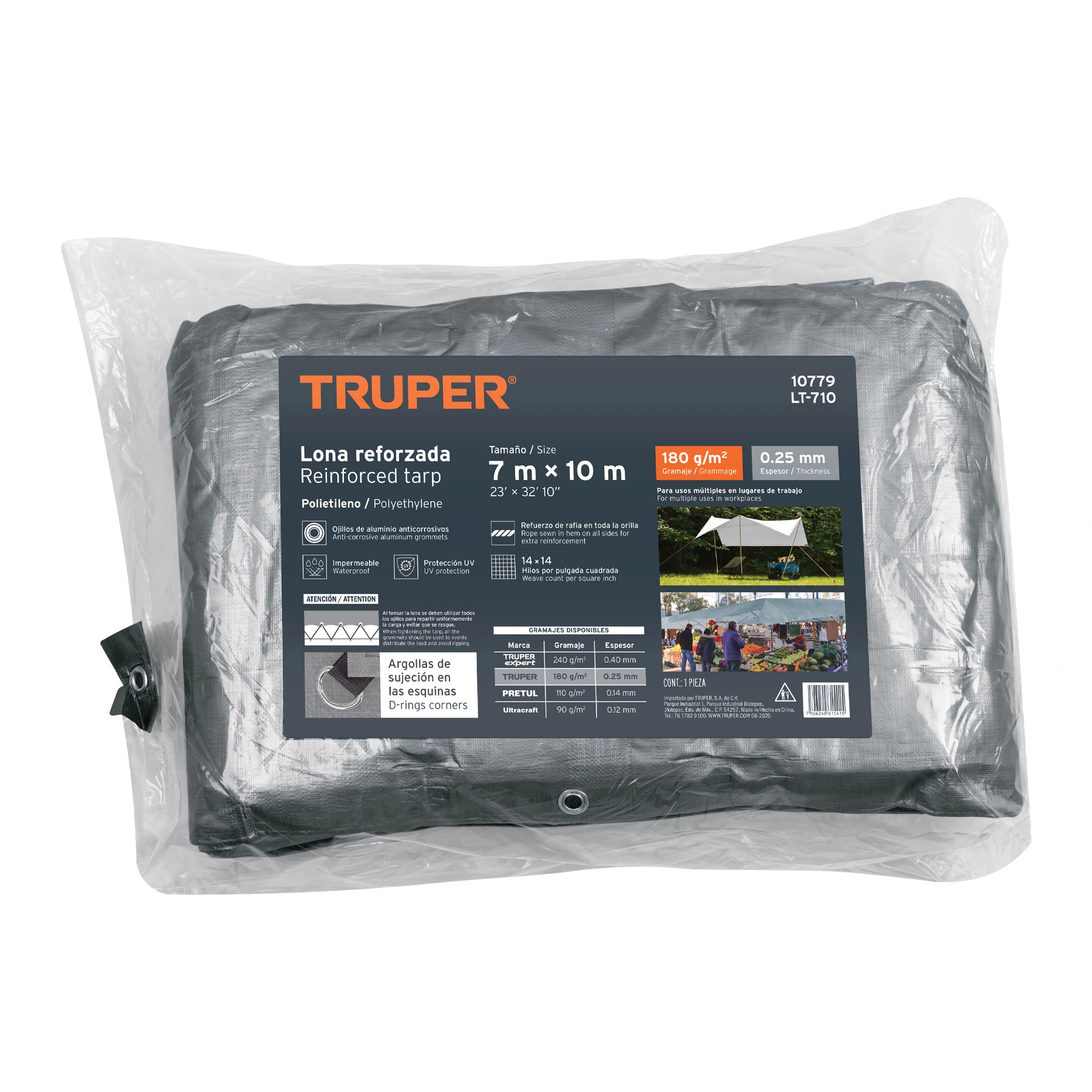 Lona de polietileno reforzada 7x10 m, gris, 180g/m2, TRUPER