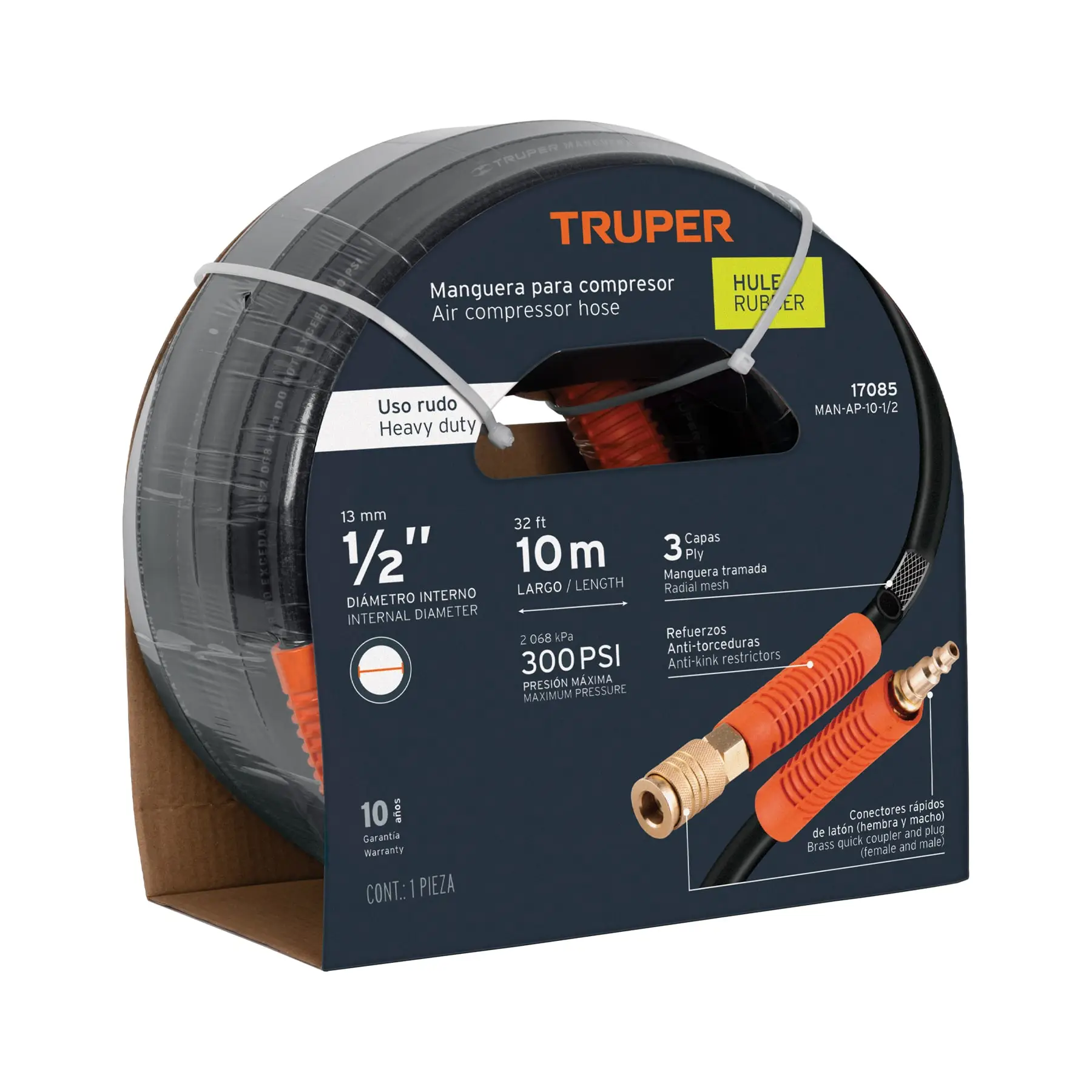 Manguera para compresor, de hule, 10m x 1/2', TRUPER