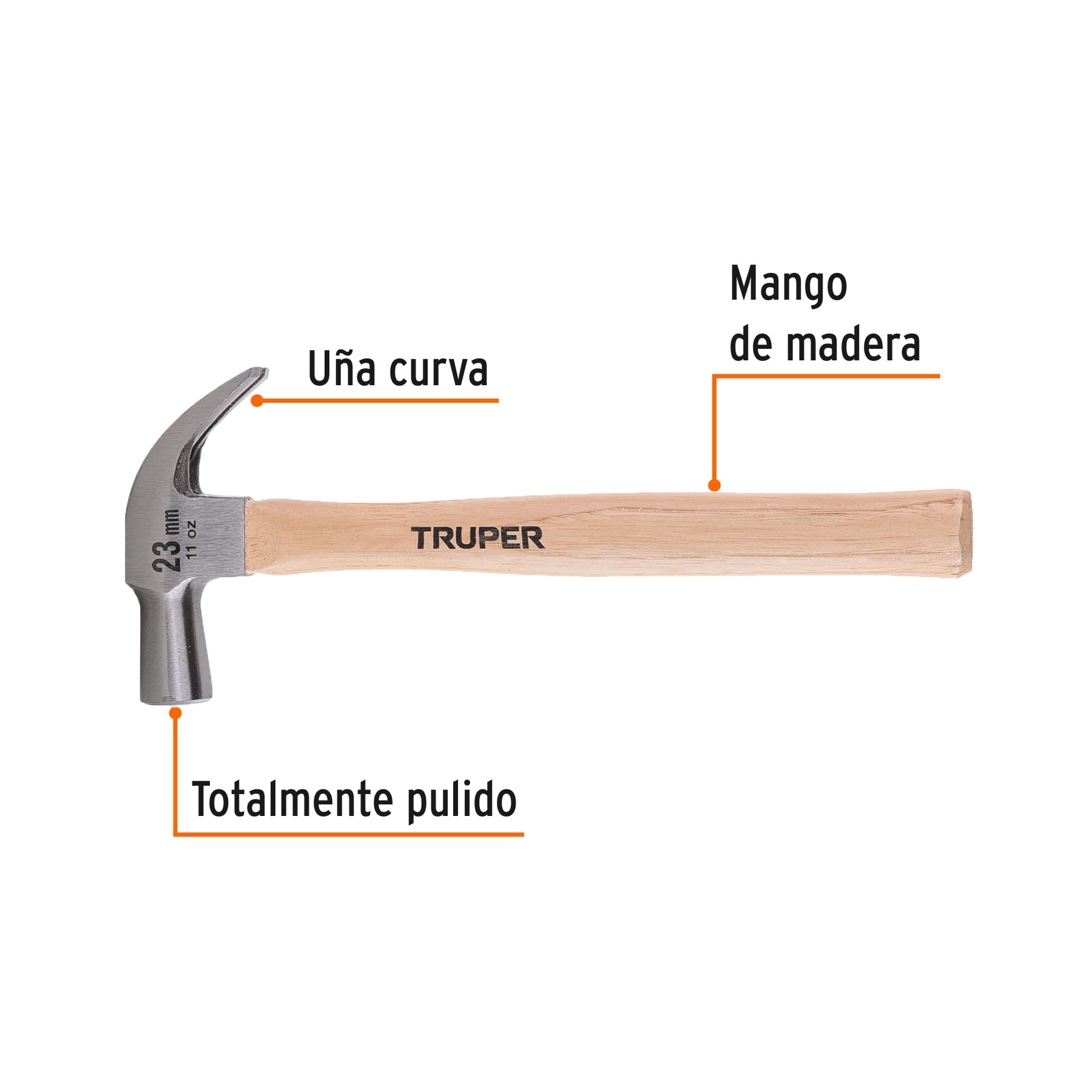 Martillo cabeza cónica 23 mm uña curva, mango madera, TRUPER