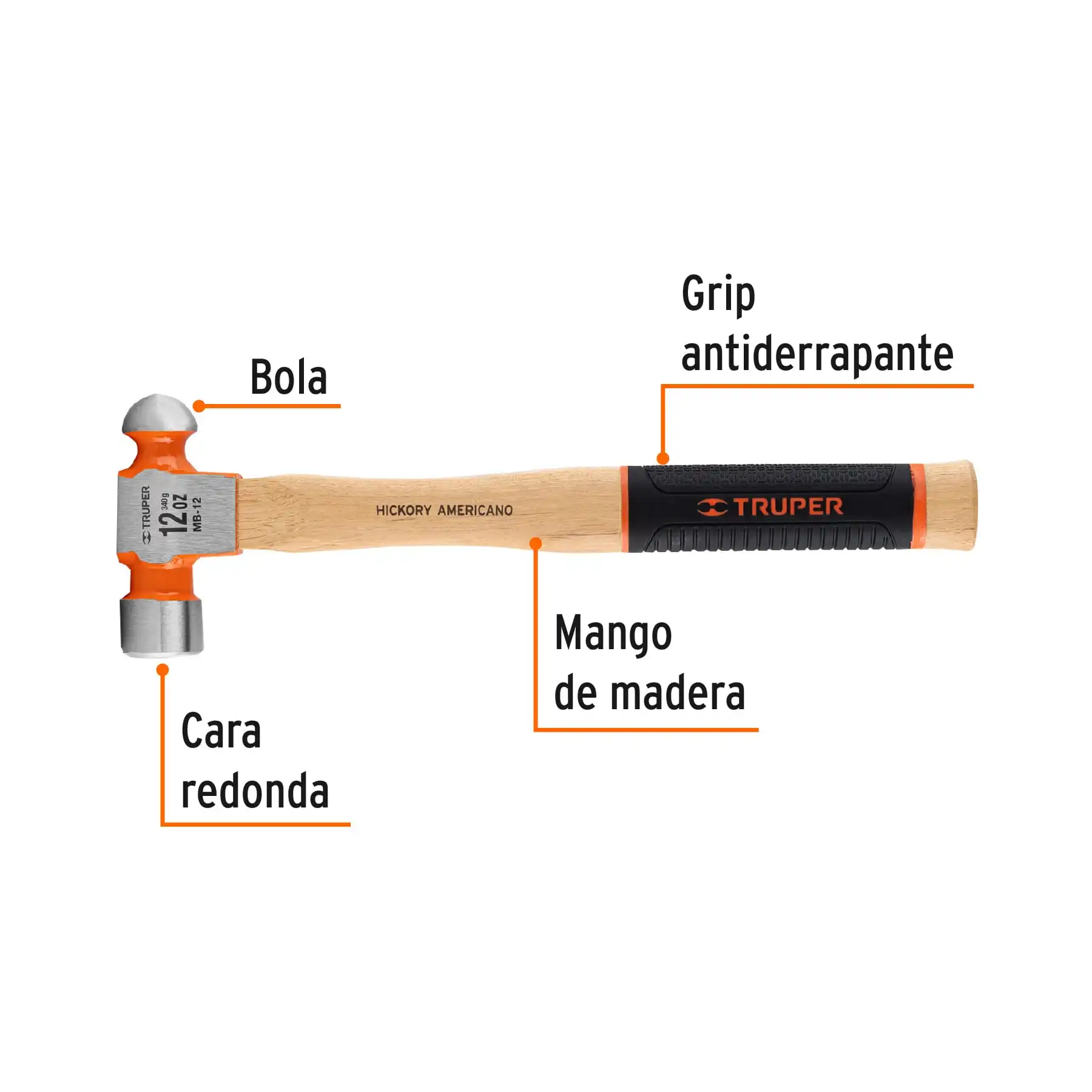 Martillo pulido de bola 12 oz mango hickory, TRUPER Grip