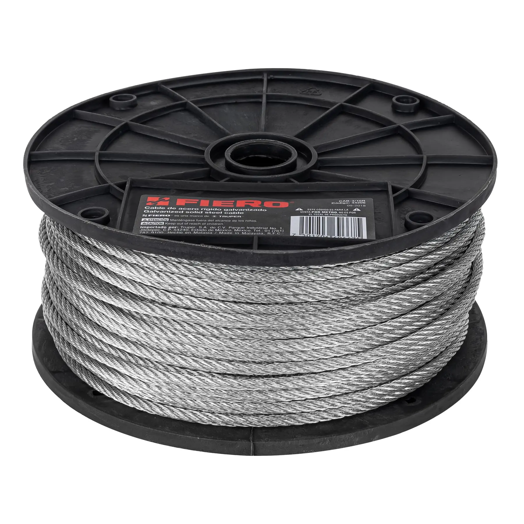 Metro de cable rígido 3/16' de acero 7x7 hilos, 75 m, FIERO