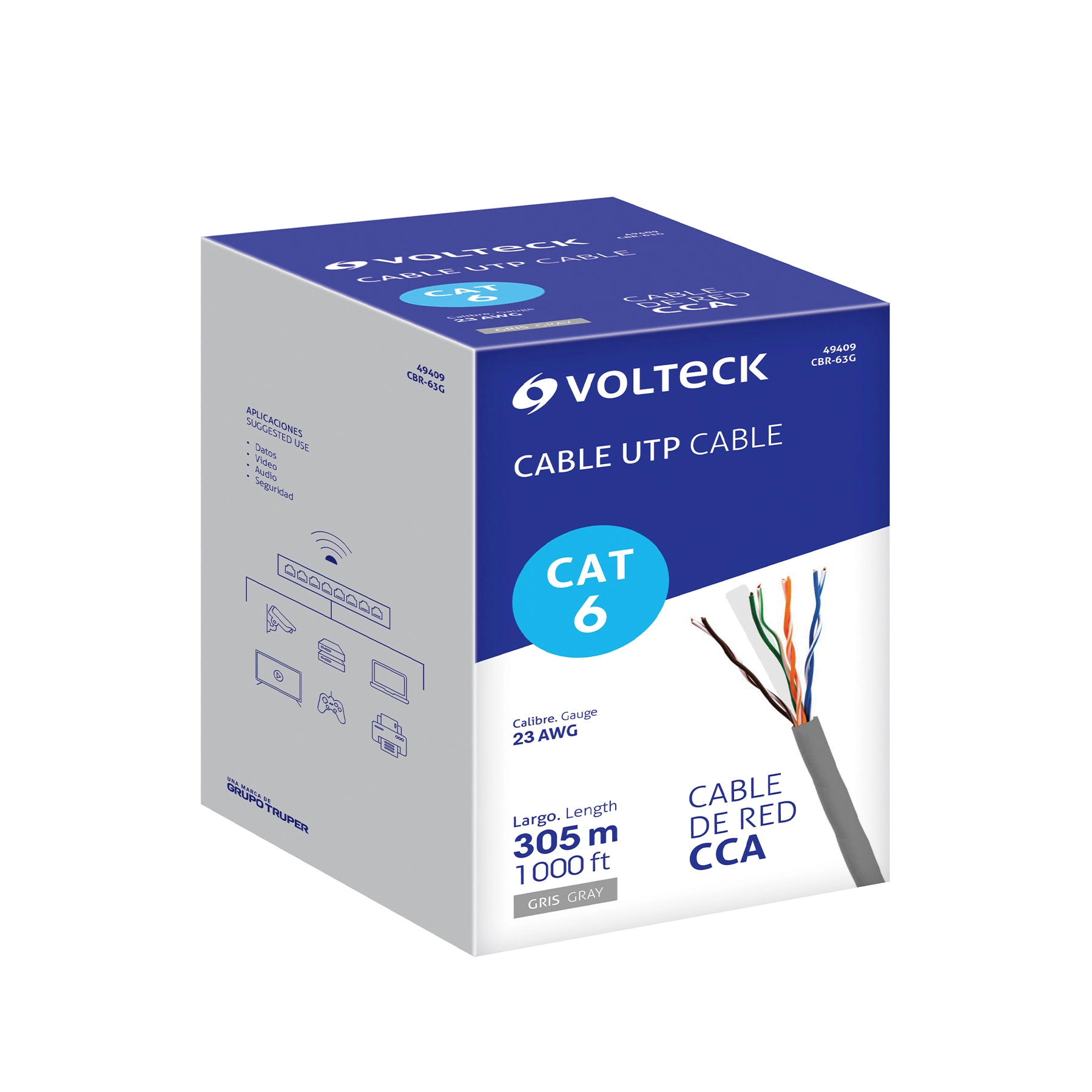 Metro de cable UTP CAT6, Bobina de 305m, gris, VOLTECK