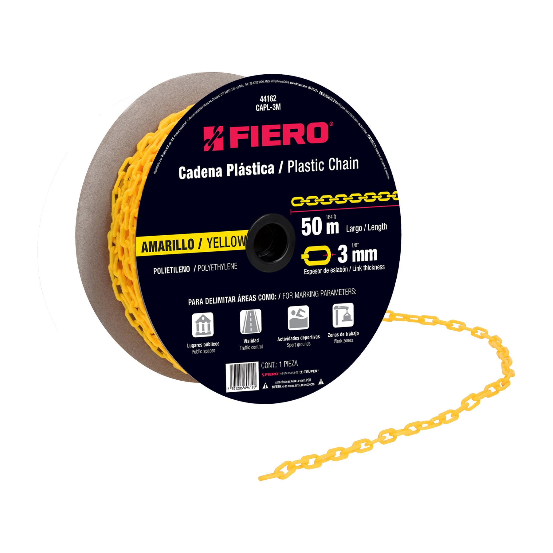 Metro de cadena de 3 mm de plástico amarilla, carrete de 50m