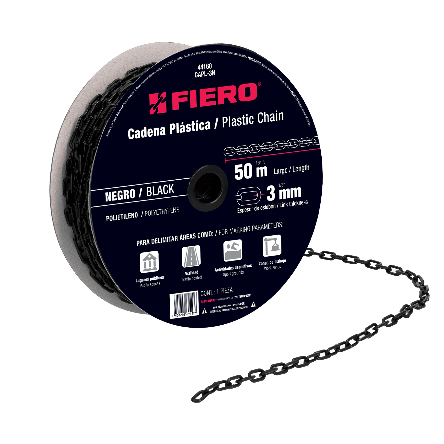 Metro de cadena de 3 mm de plástico negra, carrete de 50 m