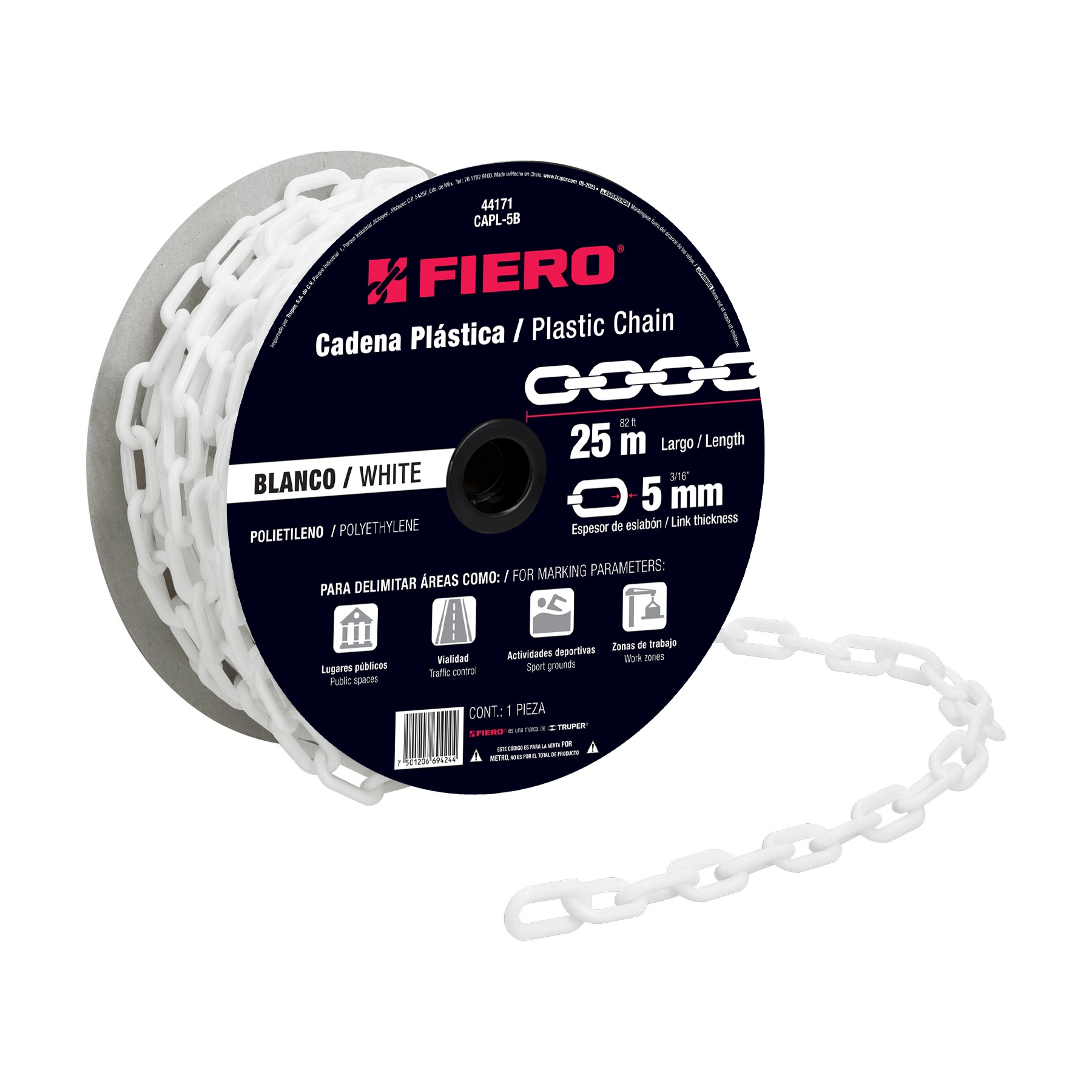 Metro de cadena de 5 mm de plástico blanca, carrete de 25 m