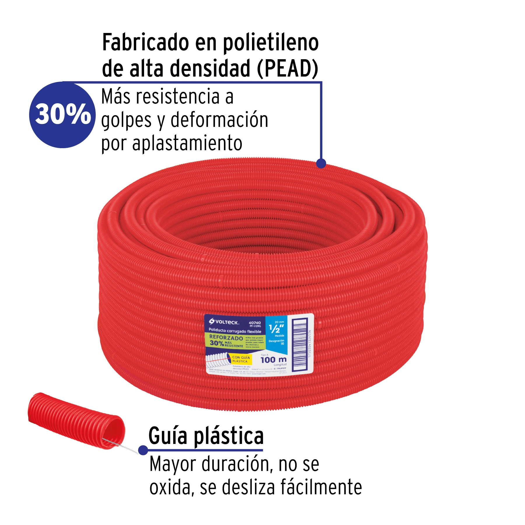Metro de poliducto 1/2' corrugado flex. reforz. c/guía, 100m