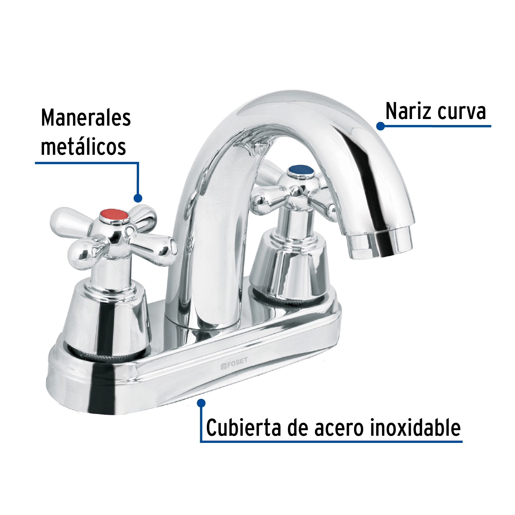 Mezcladora lavabo 4' cromo, nariz curva, cruceta, AQUA