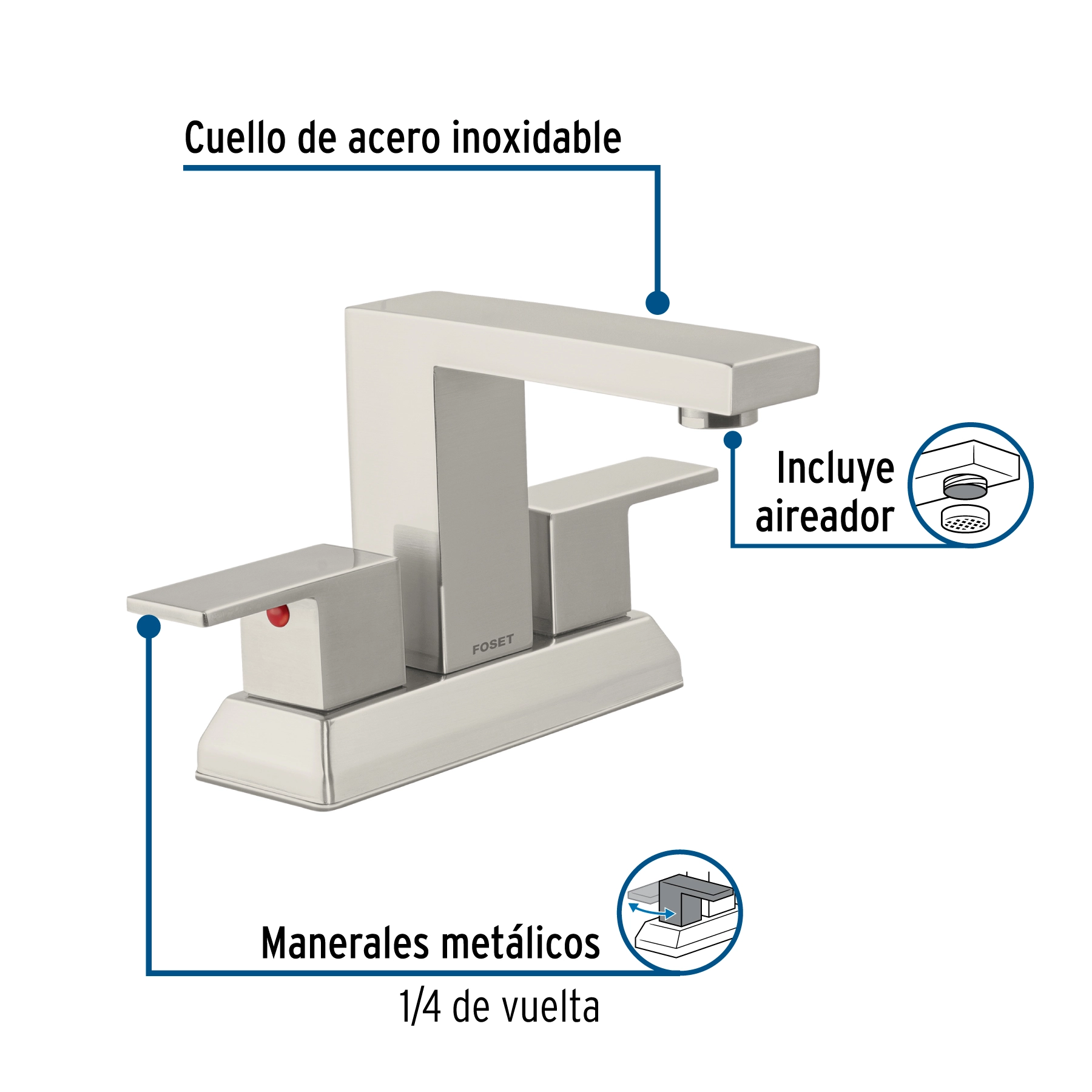 Mezcladora para lavabo 4', satín, FOSET KUBO