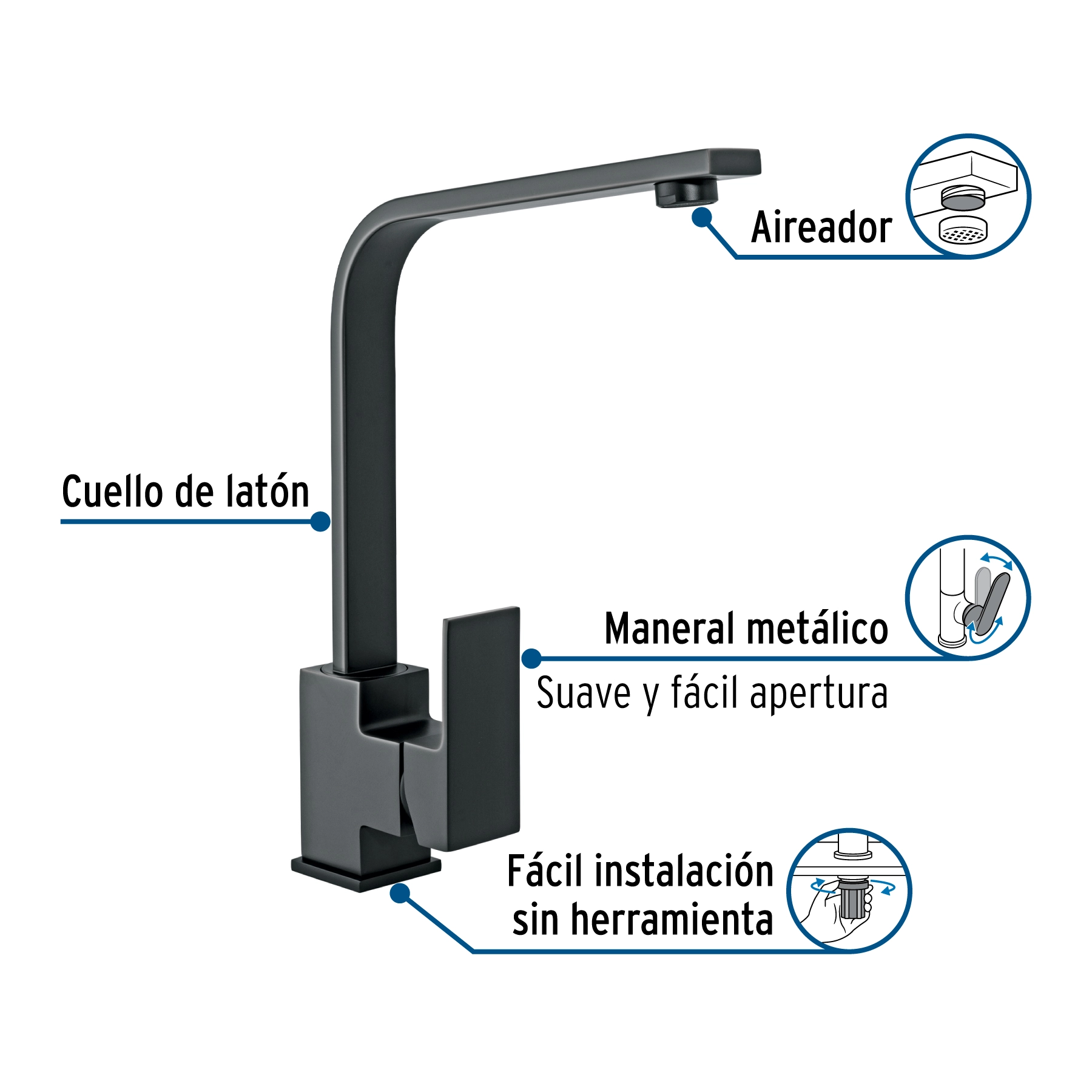 Monomando cuello alto para fregadero, negro, FOSET KUBO