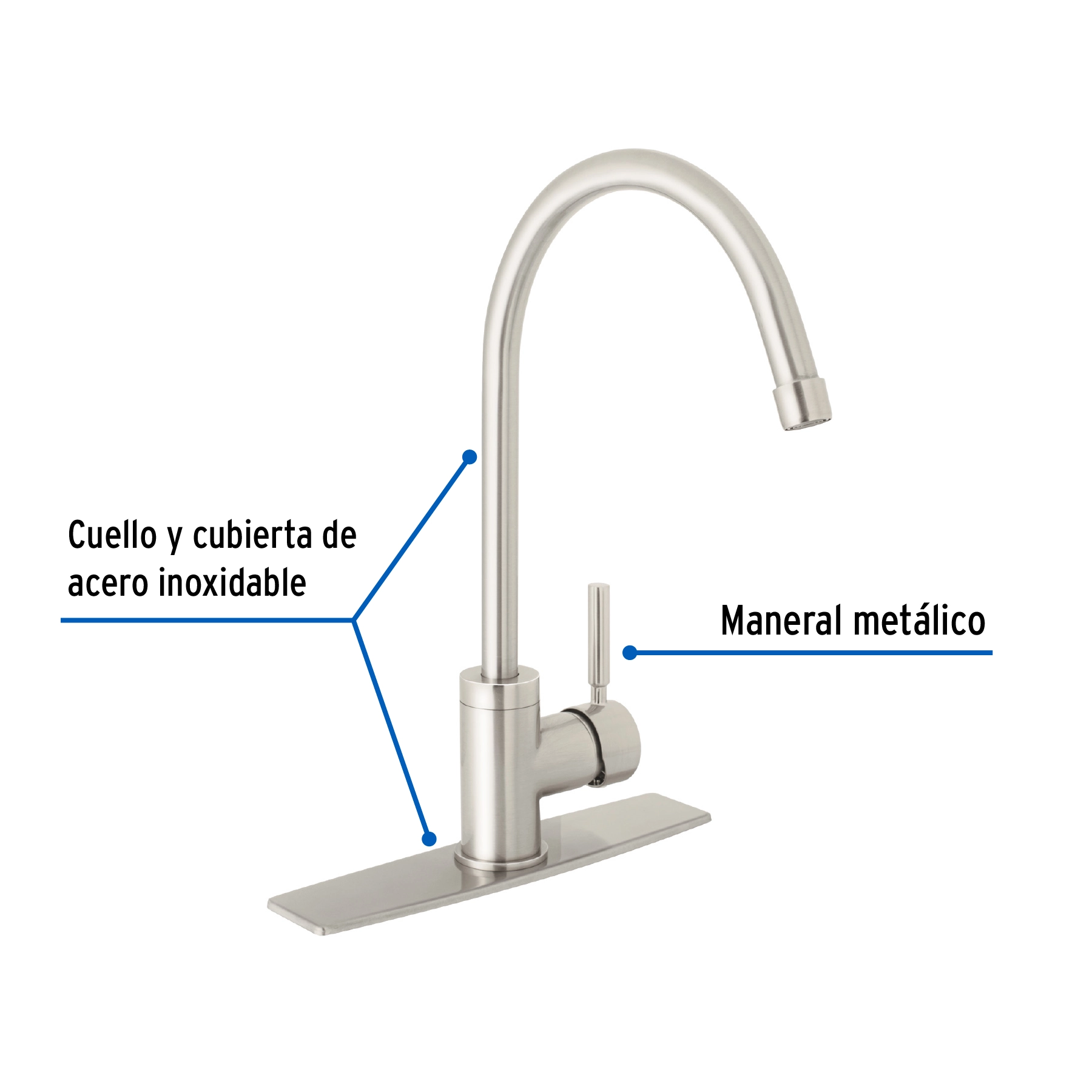 Monomando para fregadero, cuello alto, satín, FOSET TÚBIG