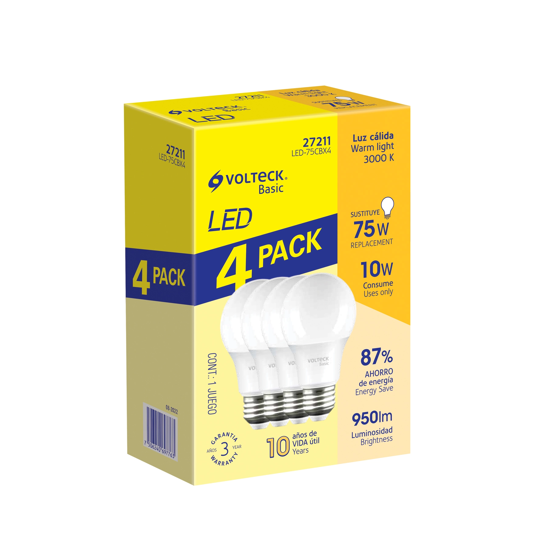 Pack 4 focos LED 10W (75W) A19, 3000K cálida, 950 lm, BASIC