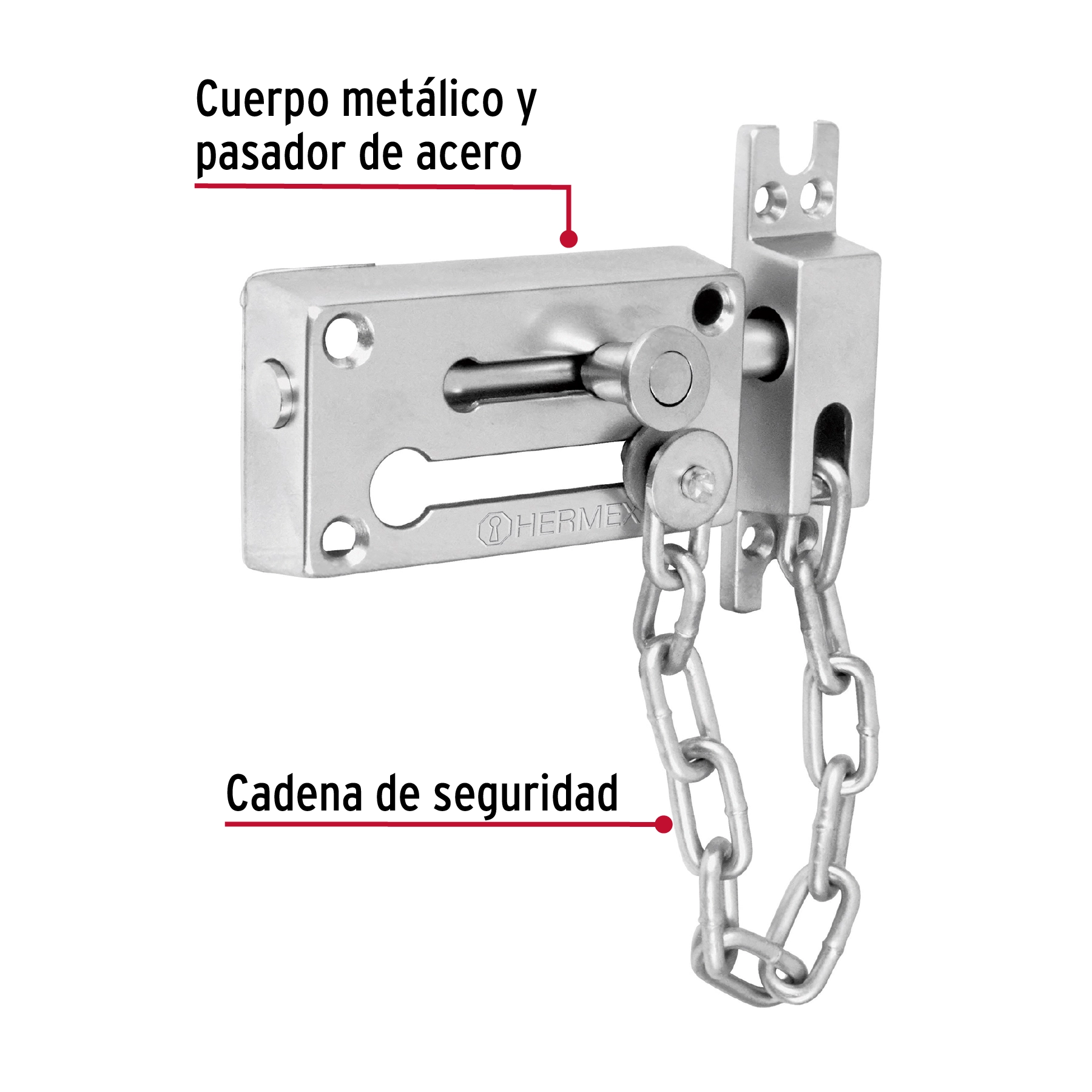 Pasador con cadena para puerta, acabado cromo mate, HERMEX