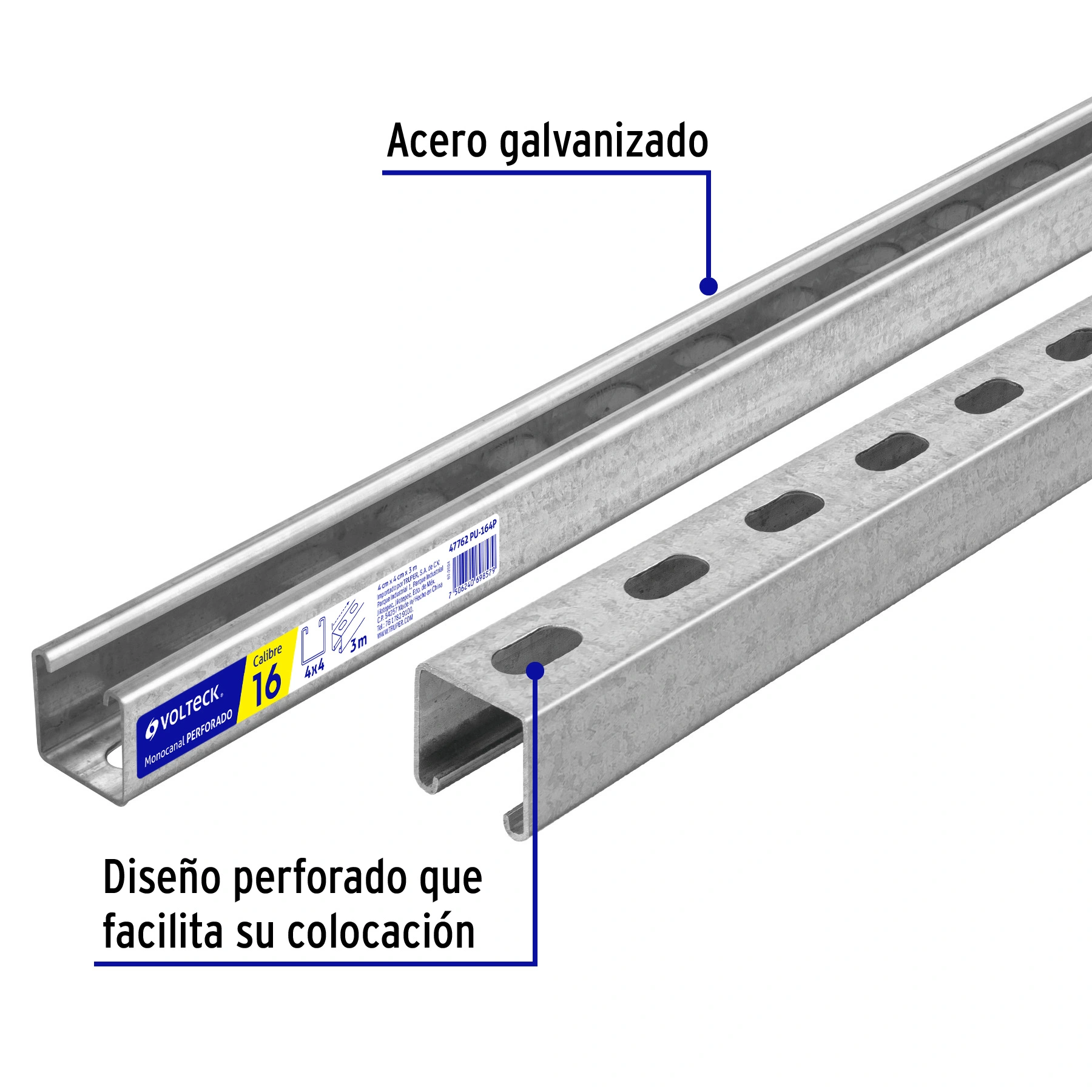 Perfil monocanal perforado de 3 m, 4 x 4 cm cal. 16, VOLTECK