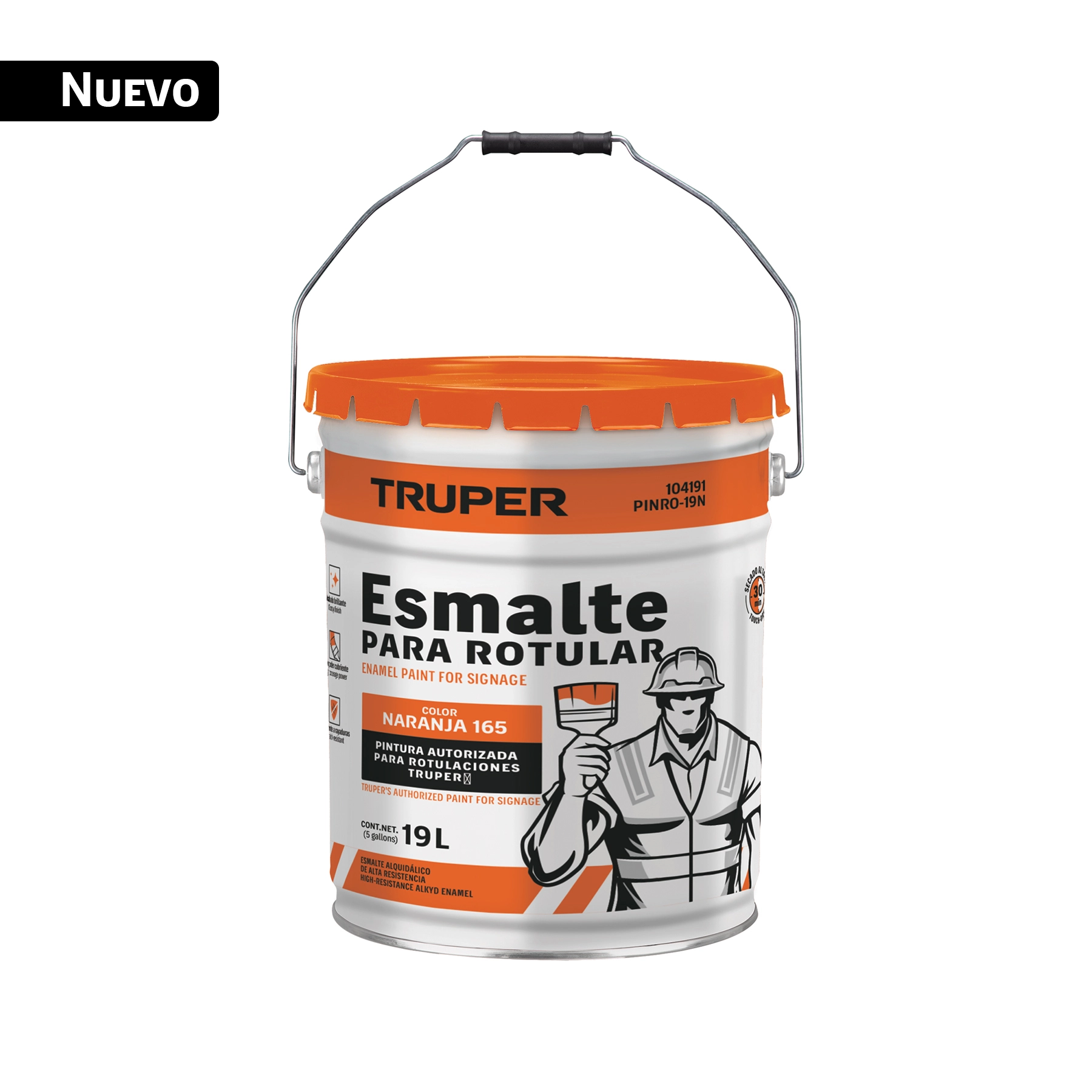 Pintura esmalte para rotular, naranja, cubeta 19 L, TRUPER