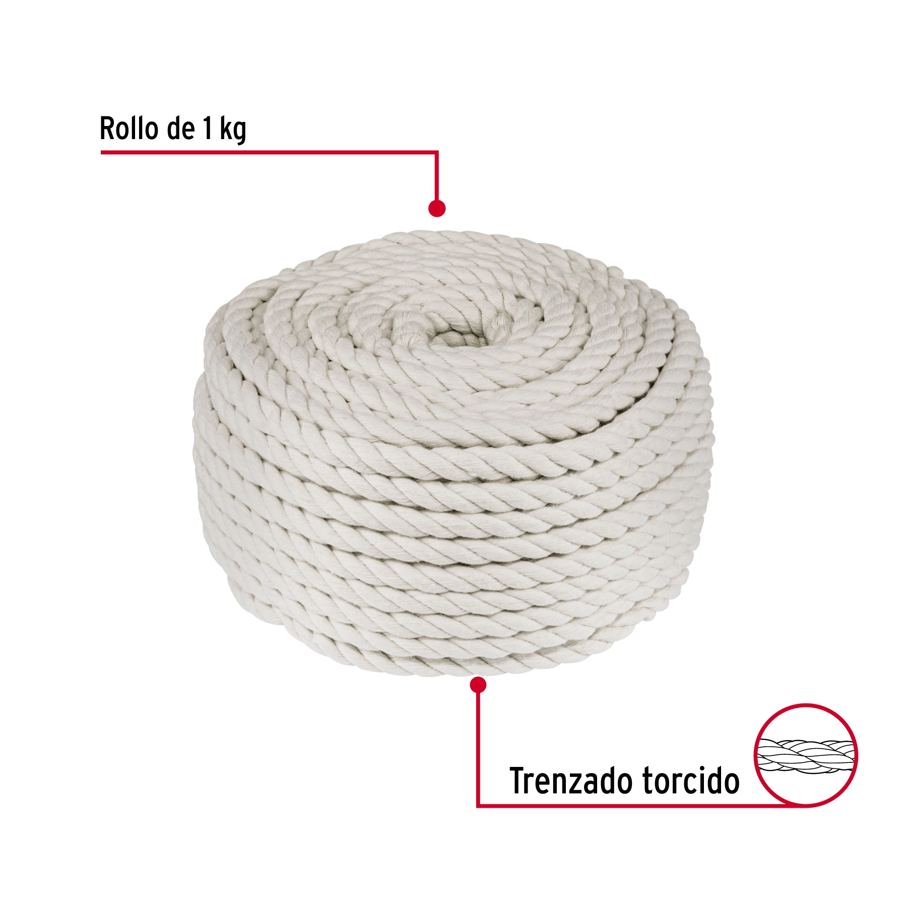 Piola de algodón de 8 mm, rollo, natural, 1 kg, FIERO
