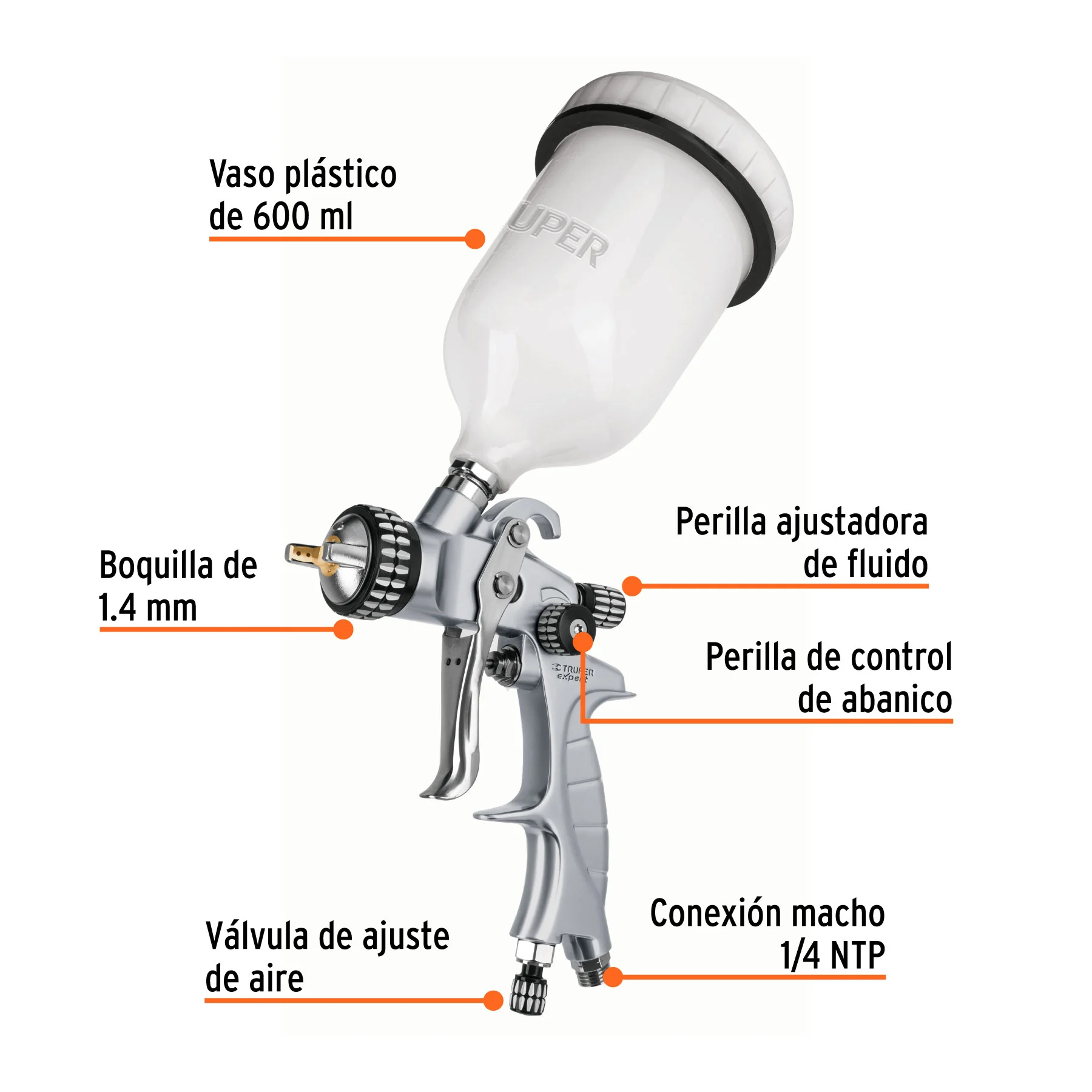 Pistola p/pintar gravedad HVLP vaso plástico, 1.4 mm, EXPERT