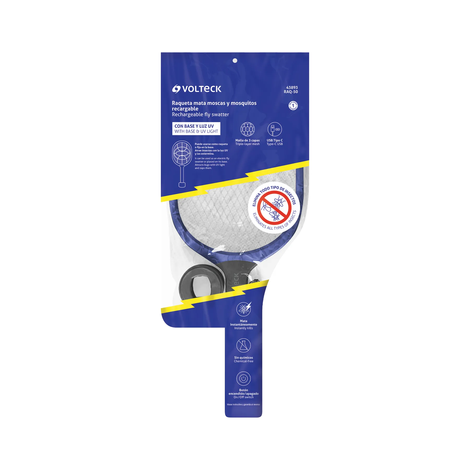 Raqueta mata moscas y mosquitos con base, recargable VOLTECK