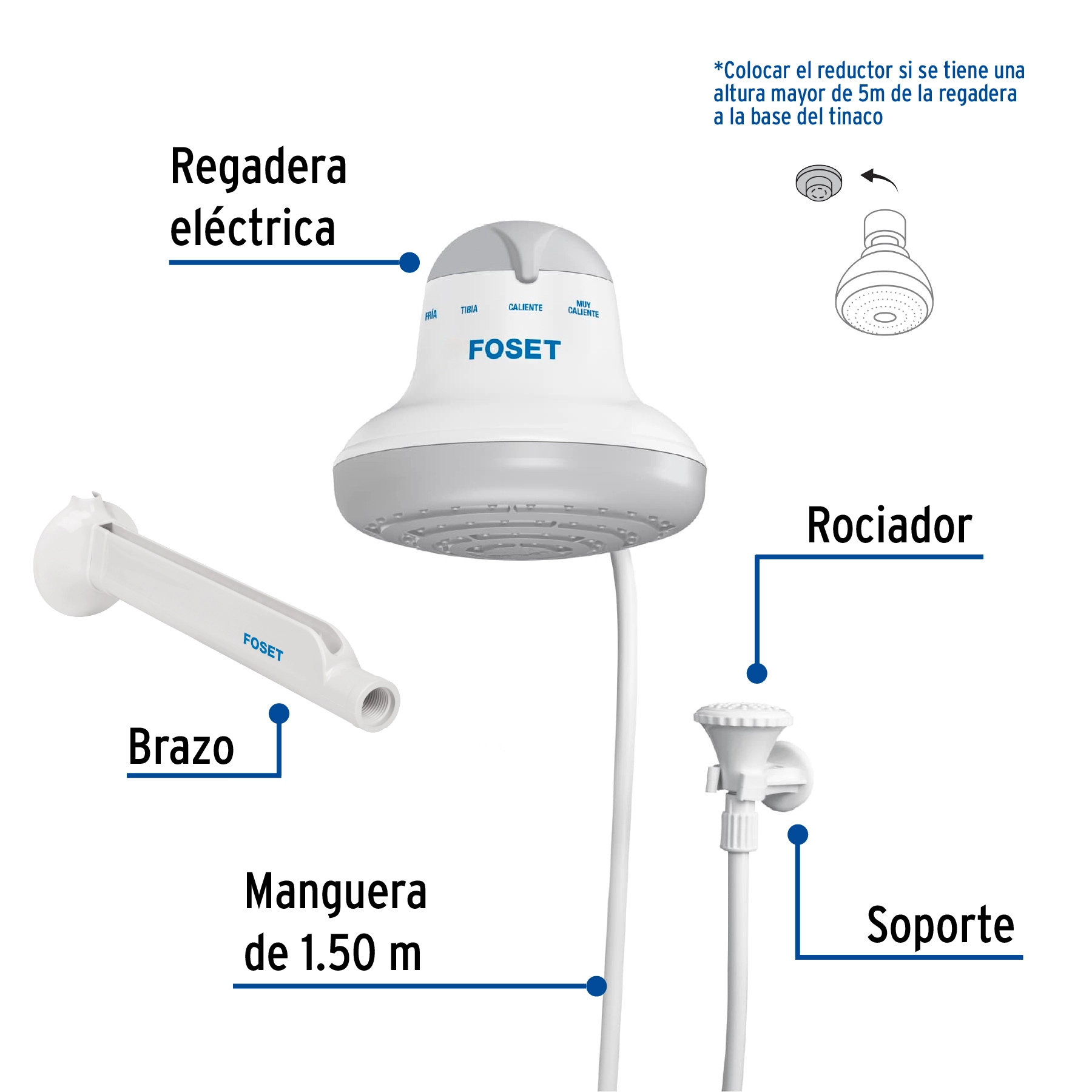Regadera eléctrica, 4 temperaturas, 16.5cm, gris, FOSET