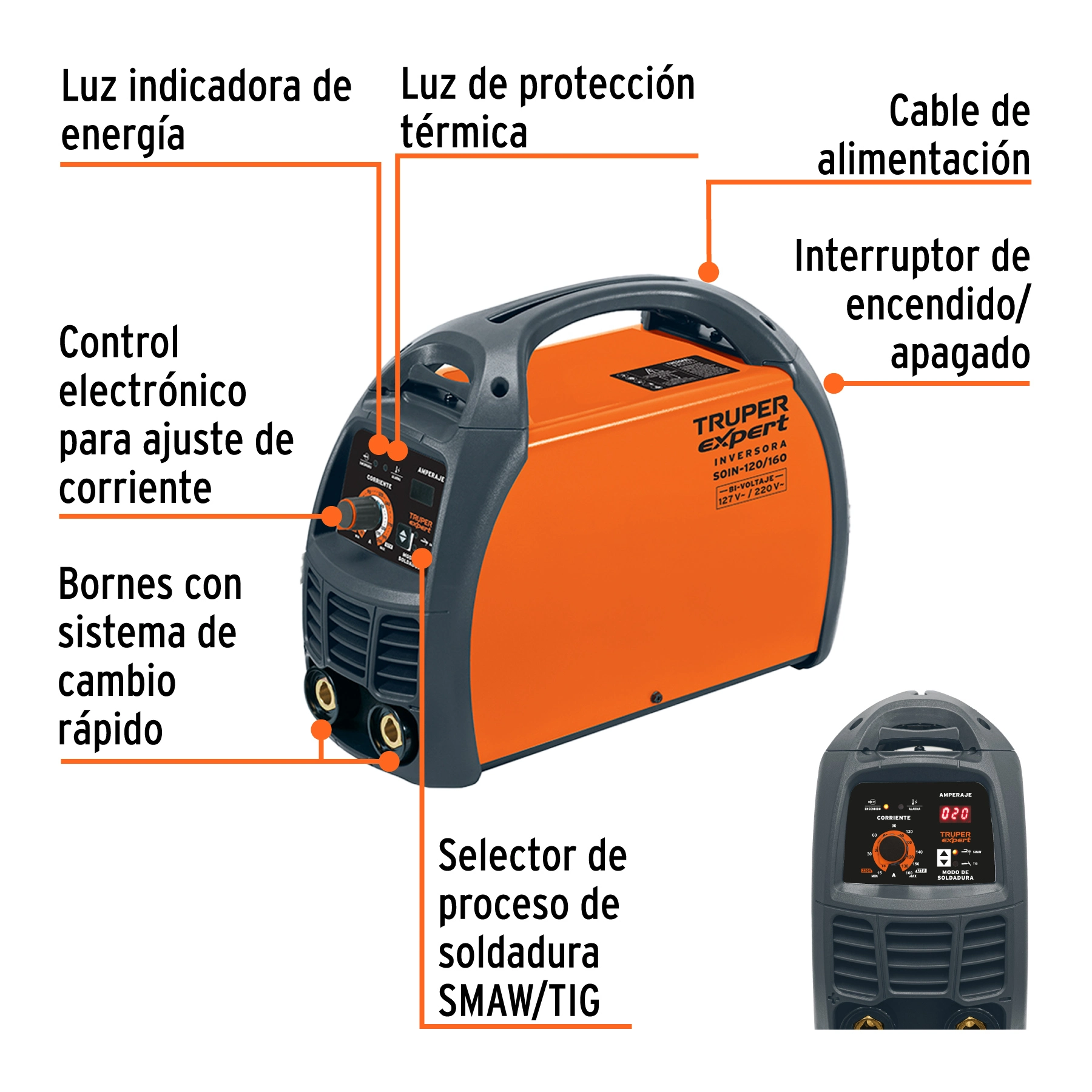 Soldadora inversora 160A, bi-voltaje 127/220V, TRUPER EXPERT