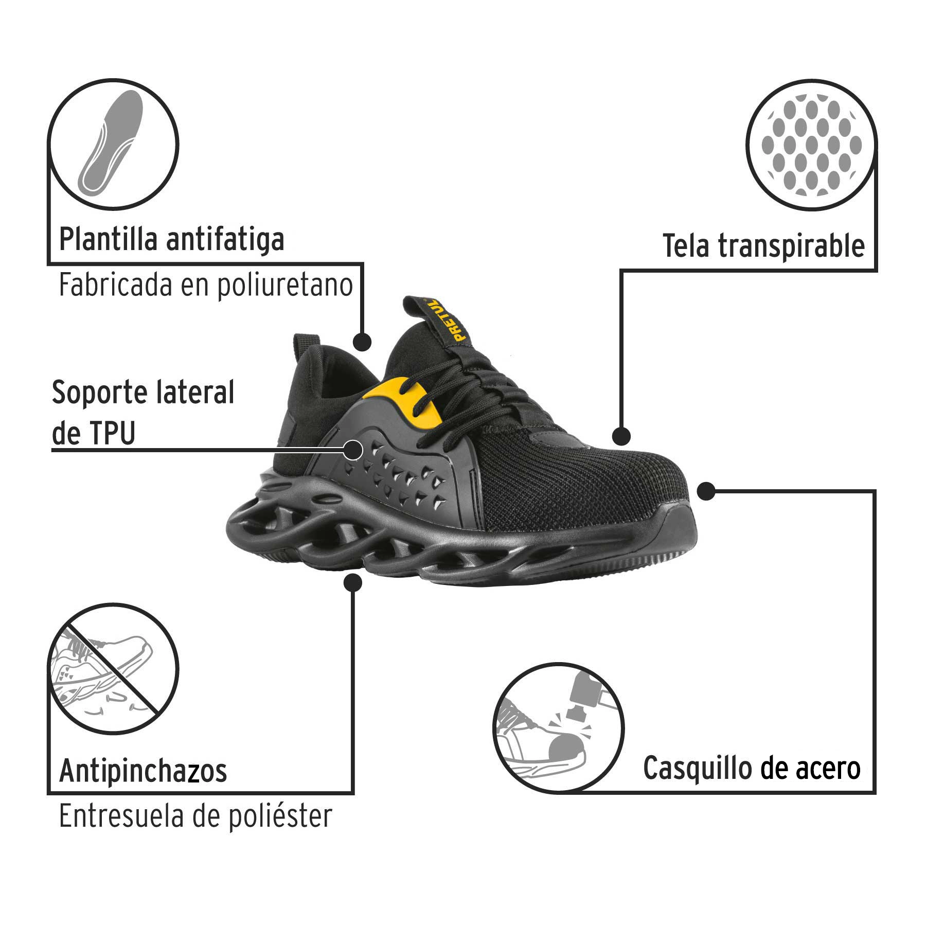 Tenis de seguridad #24, casquillo metálico, negros, PRETUL