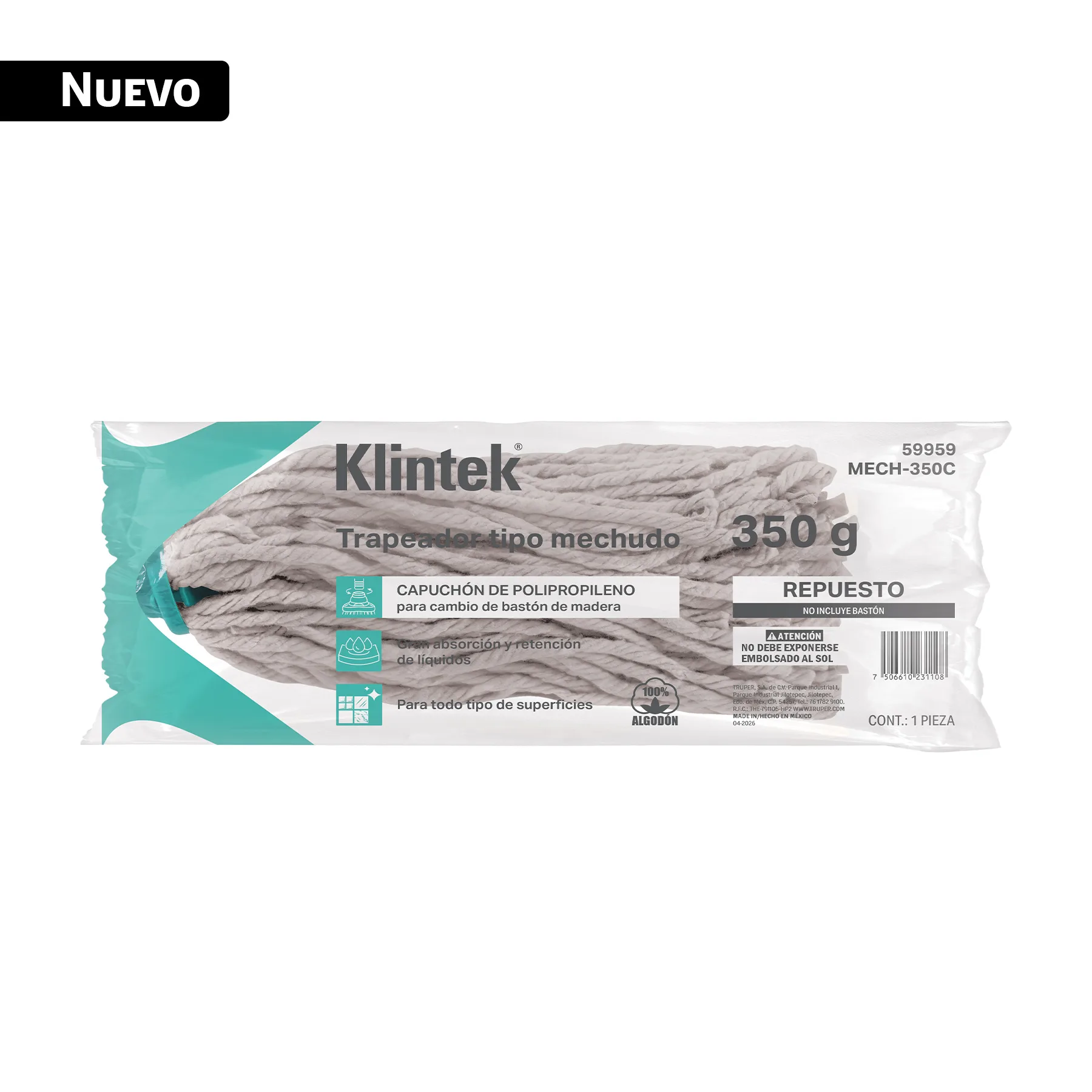 Trapeador tipo mechudo, 350 g repuesto, algodón, KLINTEK